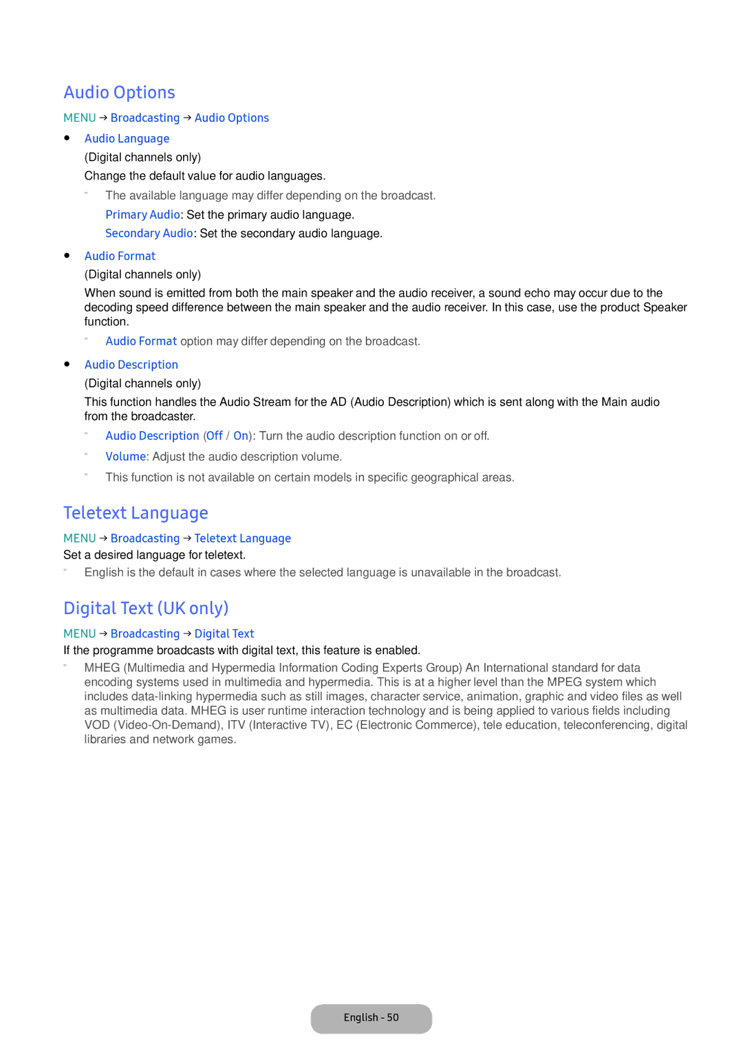 Samsung LT24D391EI/EN, LT22E390EI/EN manual Audio Options, Teletext Language, Digital Text UK only 