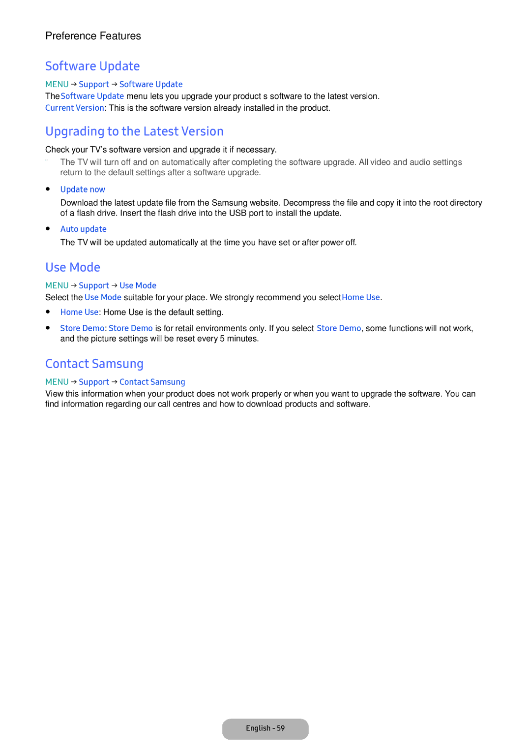 Samsung LT22E390EI/EN, LT24D391EI/EN manual Software Update, Upgrading to the Latest Version, Use Mode, Contact Samsung 