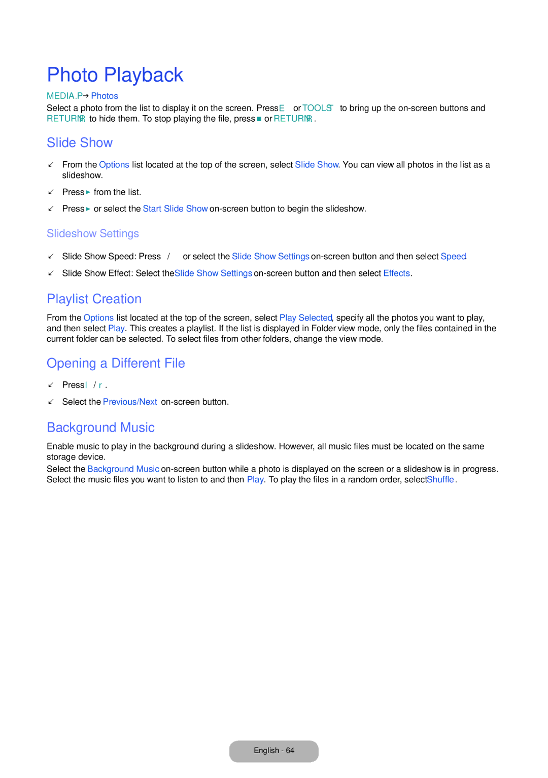 Samsung LT24D391EI/EN manual Photo Playback, Slide Show, Playlist Creation, Opening a Different File, Background Music 