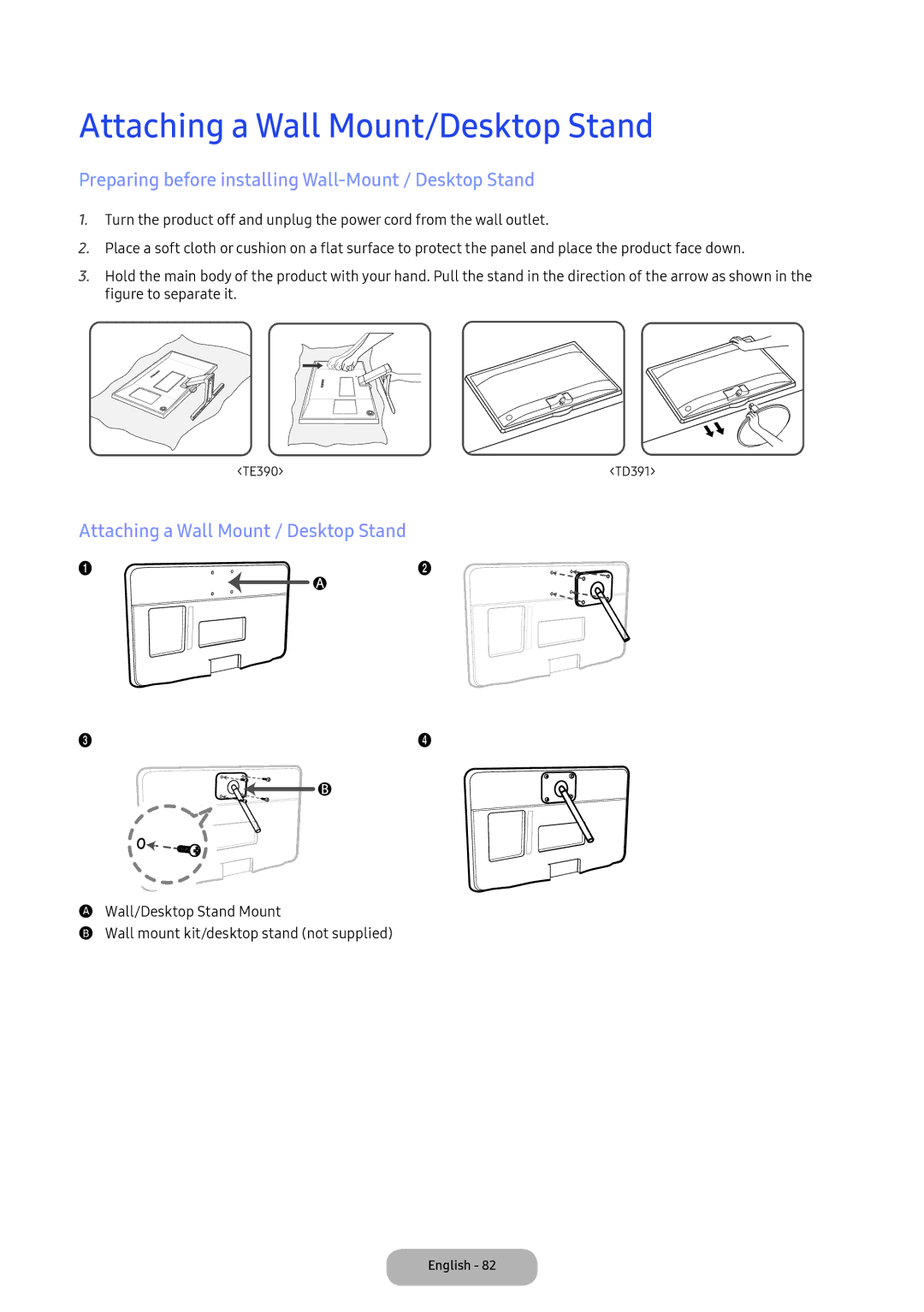 Samsung LT24D391EI/EN manual Attaching a Wall Mount/Desktop Stand, Preparing before installing Wall-Mount / Desktop Stand 