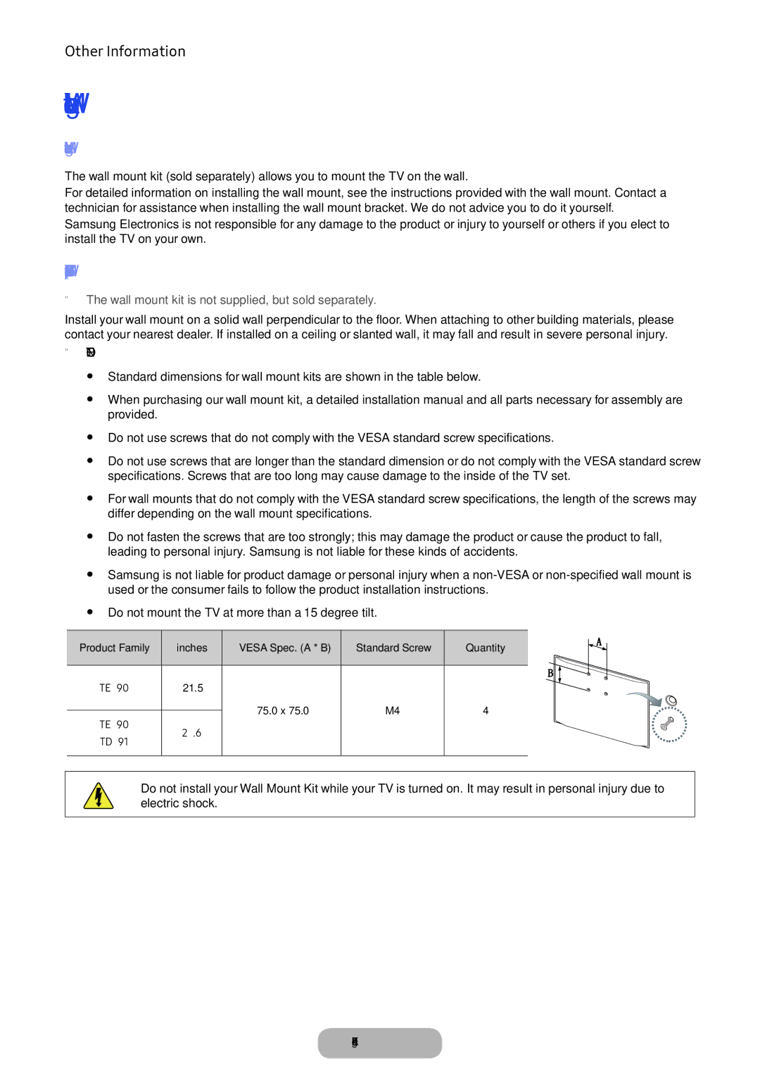 Samsung LT24D391EI/EN, LT22E390EI/EN manual Installing the Wall Mount Kit, Wall Mount Kit Specifications Vesa 