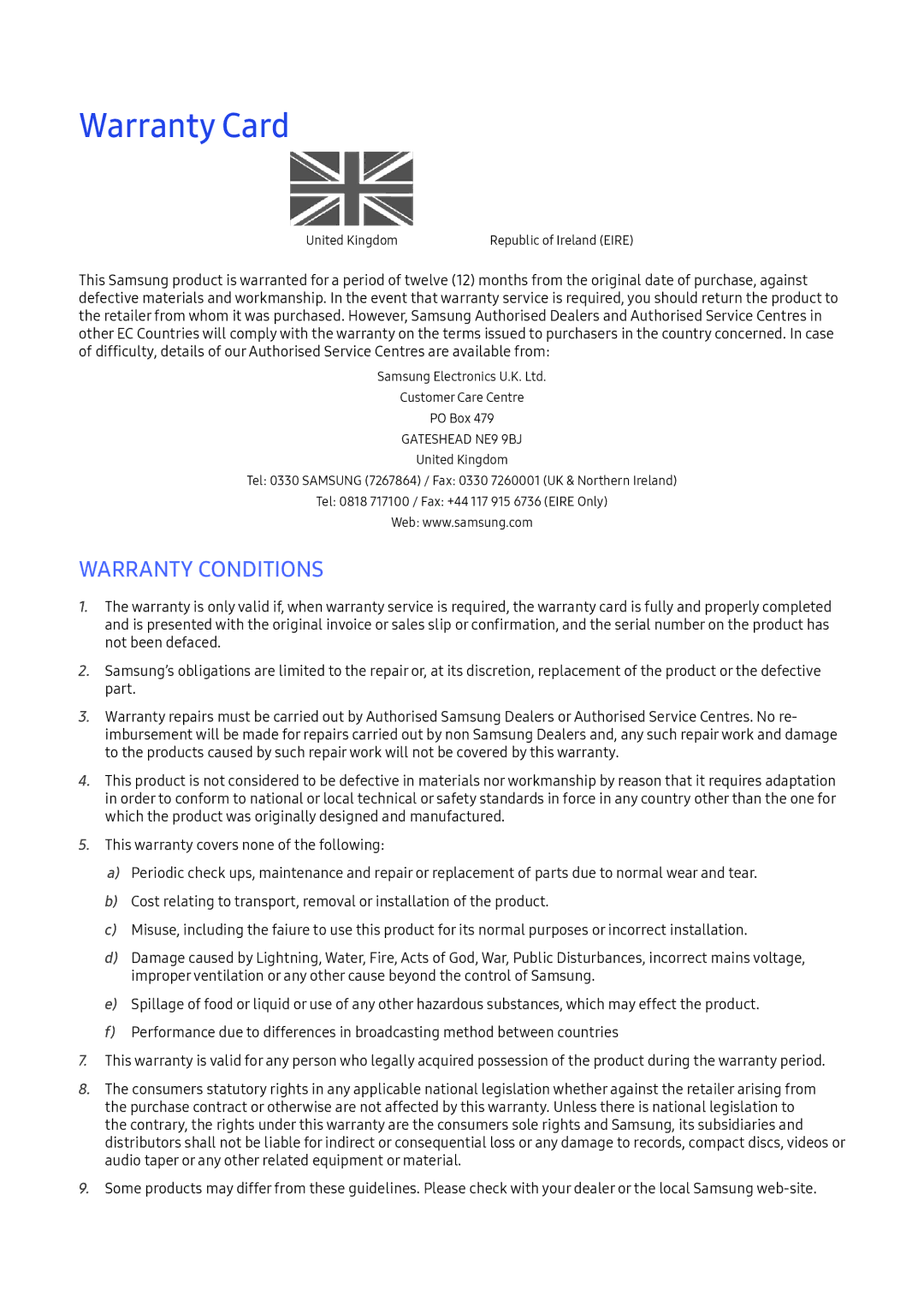 Samsung LT24D391EI/EN, LT22E390EI/EN manual Warranty Card, Gateshead NE9 9BJ 