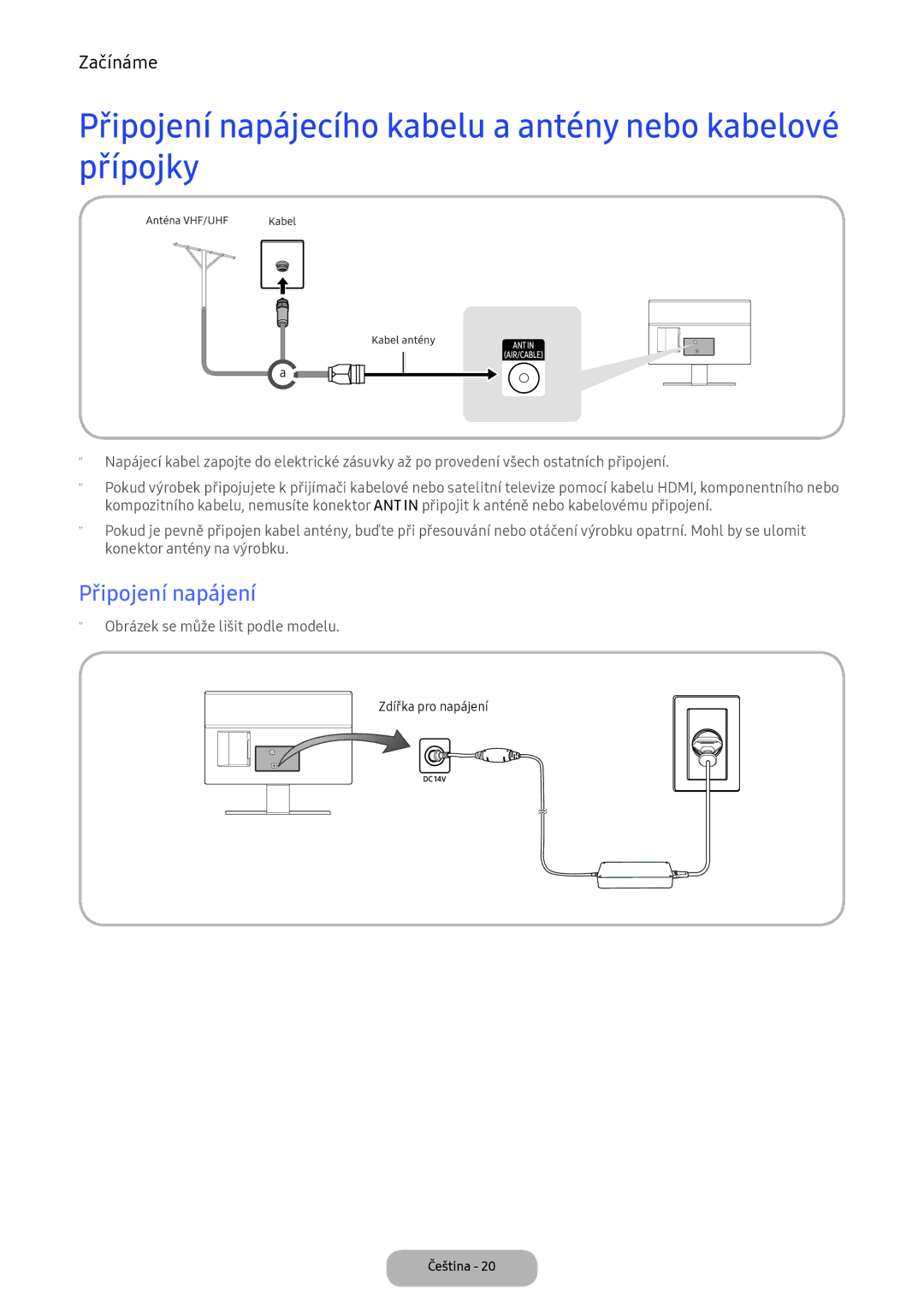 Samsung LT24D391EI/EN, LT22E390EI/EN manual Připojení napájecího kabelu a antény nebo kabelové přípojky, Připojení napájení 