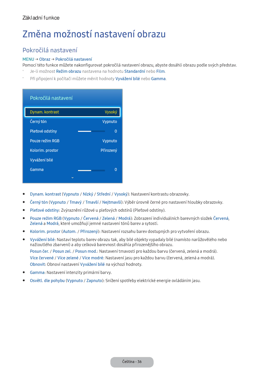 Samsung LT24D391EI/EN, LT22E390EI/EN manual Změna možností nastavení obrazu, Menu → Obraz → Pokročilá nastavení 