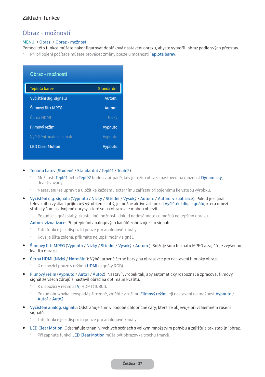 Samsung LT22E390EI/EN Menu → Obraz → Obraz možnosti, Teplota barev Studené / Standardní / Teplé1 / Teplé2, Signálů 