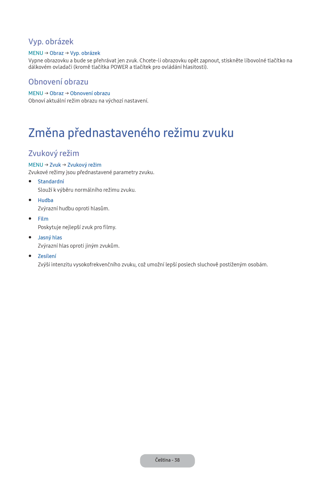 Samsung LT24D391EI/EN, LT22E390EI/EN manual Změna přednastaveného režimu zvuku, Vyp. obrázek, Obnovení obrazu, Zvukový režim 