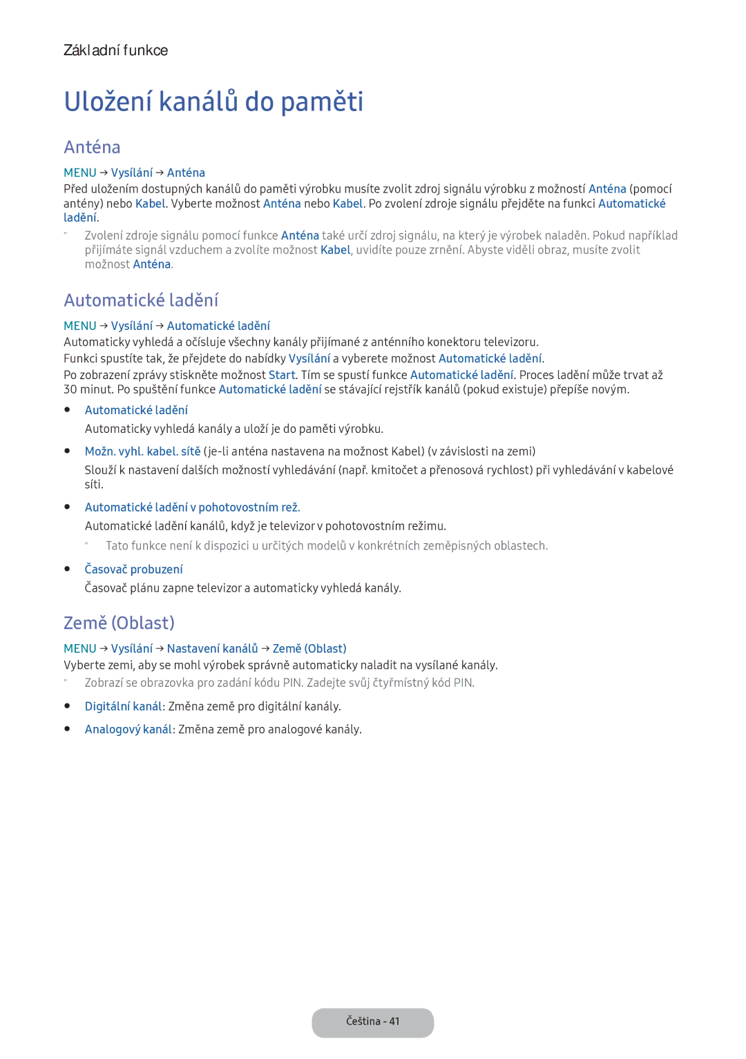 Samsung LT22E390EI/EN, LT24D391EI/EN manual Uložení kanálů do paměti, Anténa, Automatické ladění, Země Oblast 