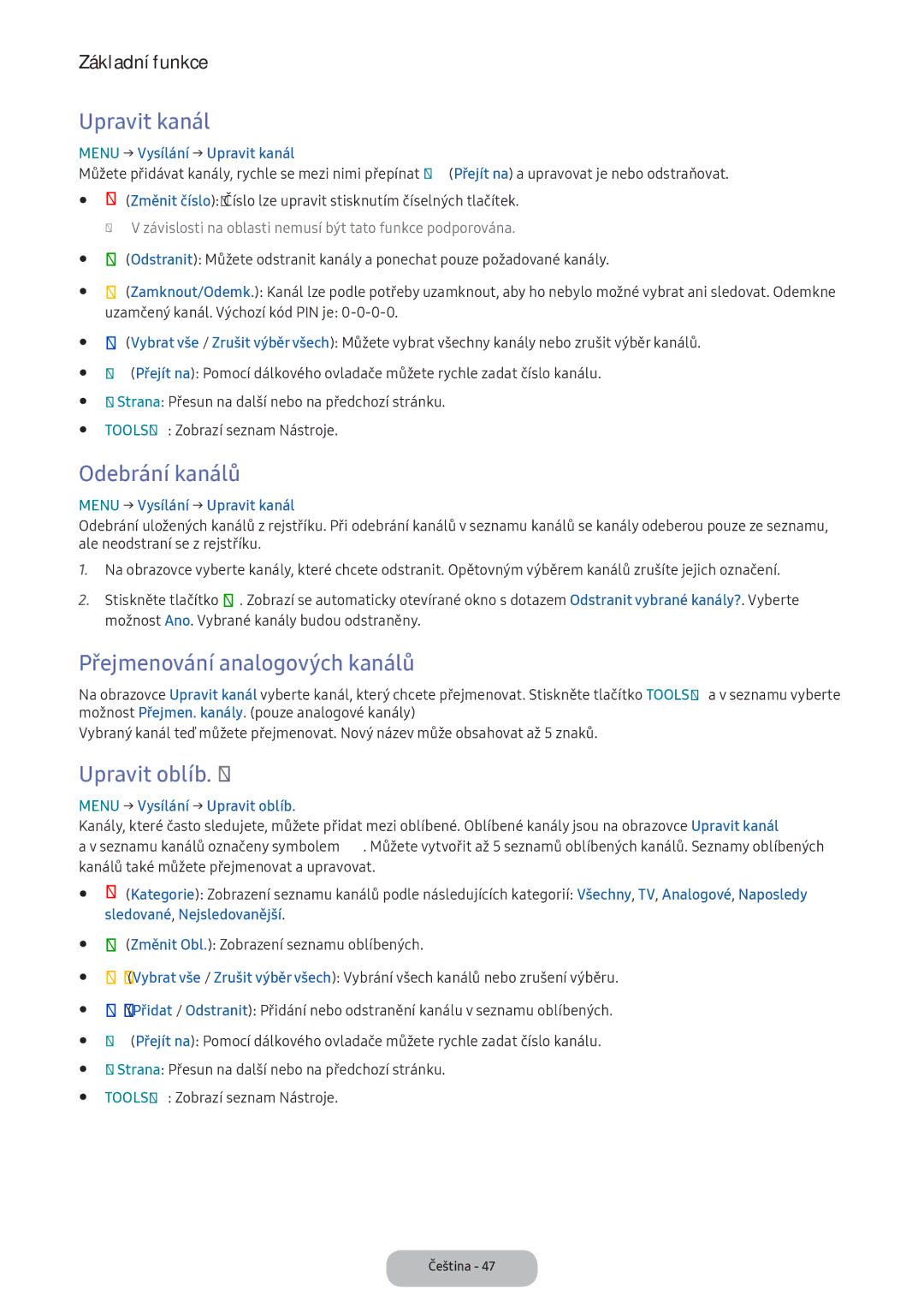 Samsung LT22E390EI/EN, LT24D391EI/EN Upravit kanál, Odebrání kanálů, Přejmenování analogových kanálů, Upravit oblíb. t 