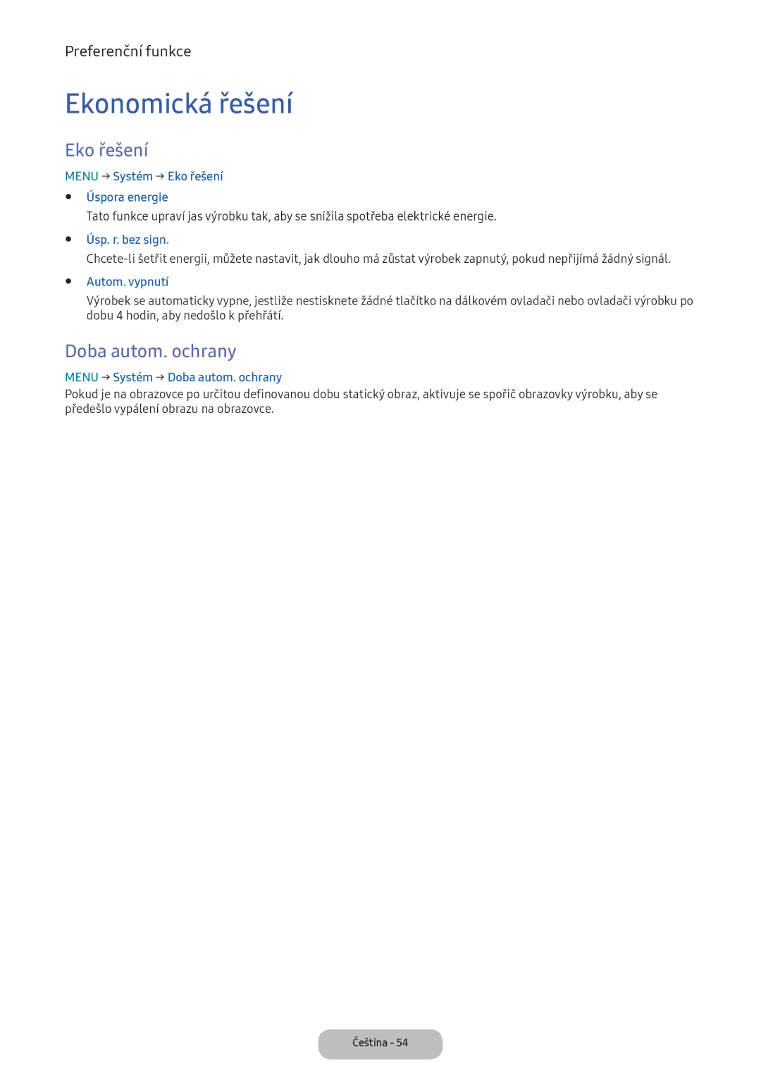 Samsung LT24D391EI/EN, LT22E390EI/EN manual Ekonomická řešení, Eko řešení, Doba autom. ochrany 