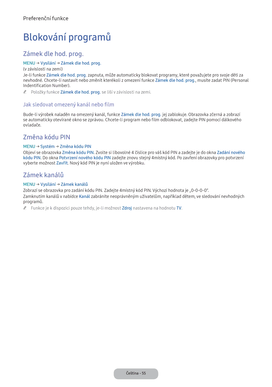 Samsung LT22E390EI/EN, LT24D391EI/EN manual Blokování programů, Zámek dle hod. prog, Změna kódu PIN, Zámek kanálů 