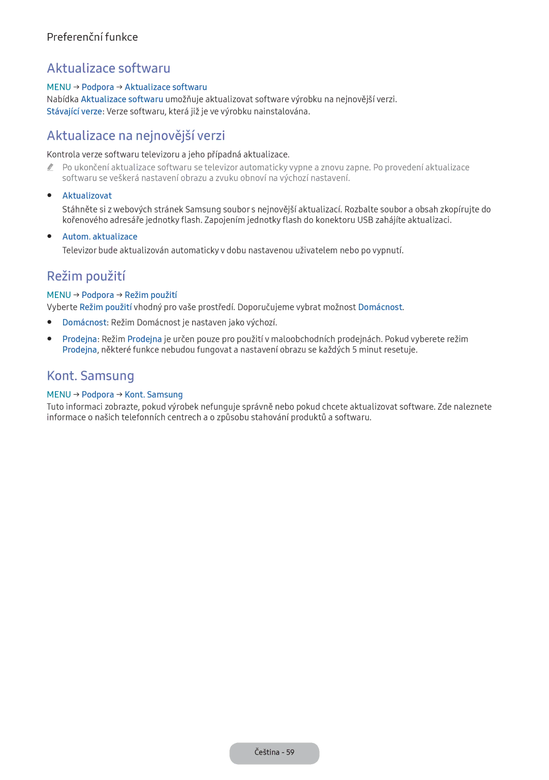 Samsung LT22E390EI/EN, LT24D391EI/EN Aktualizace softwaru, Aktualizace na nejnovější verzi, Režim použití, Kont. Samsung 