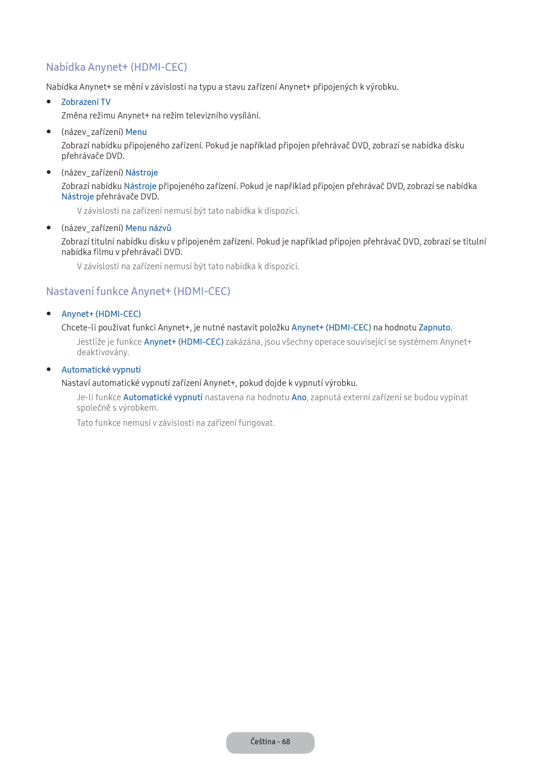 Samsung LT24D391EI/EN, LT22E390EI/EN manual Nabídka Anynet+ HDMI-CEC, Nastavení funkce Anynet+ HDMI-CEC, Automatické vypnutí 