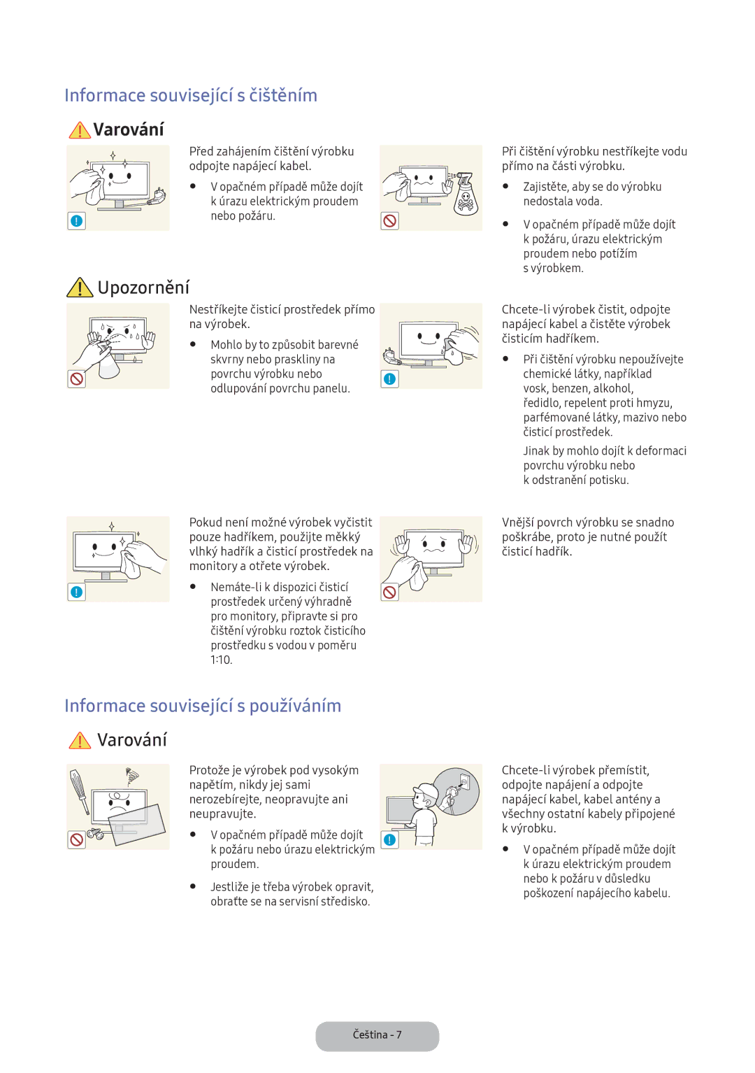 Samsung LT22E390EI/EN, LT24D391EI/EN manual Informace související s čištěním, Informace související s používáním 