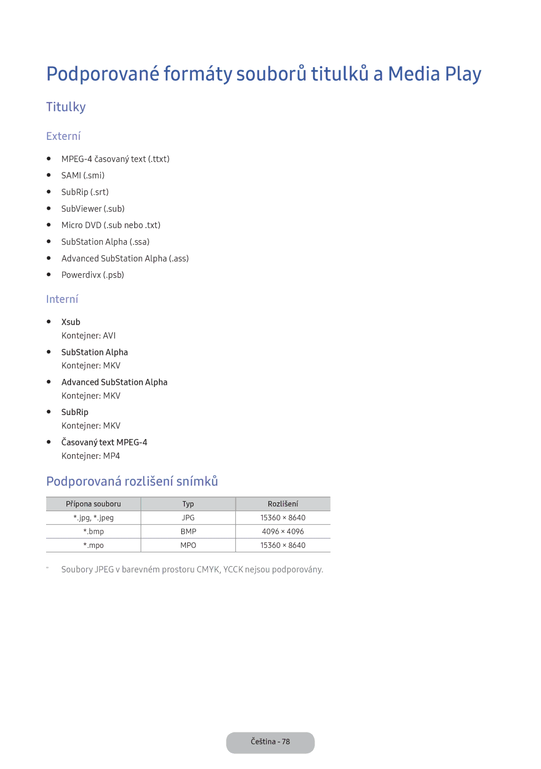 Samsung LT24D391EI/EN Podporované formáty souborů titulků a Media Play, Titulky, Podporovaná rozlišení snímků, Externí 