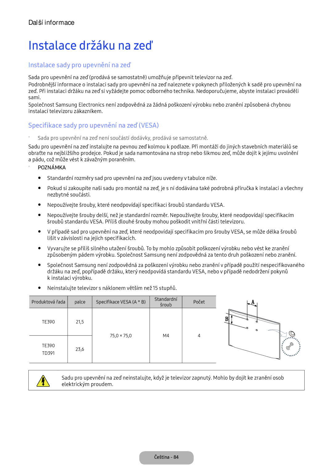 Samsung LT24D391EI/EN, LT22E390EI/EN manual Instalace držáku na zeď, Instalace sady pro upevnění na zeď 