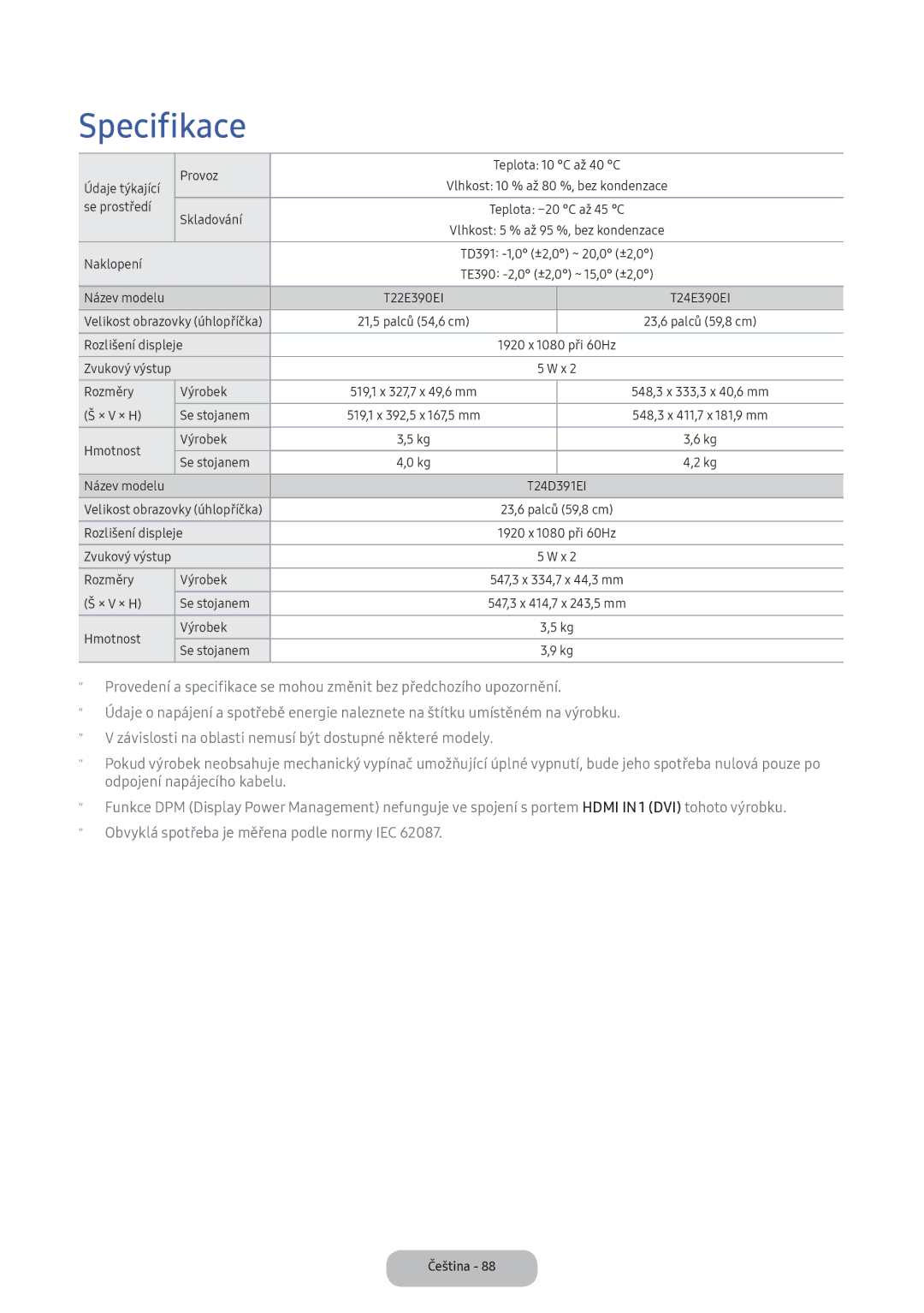 Samsung LT24D391EI/EN, LT22E390EI/EN manual Specifikace 