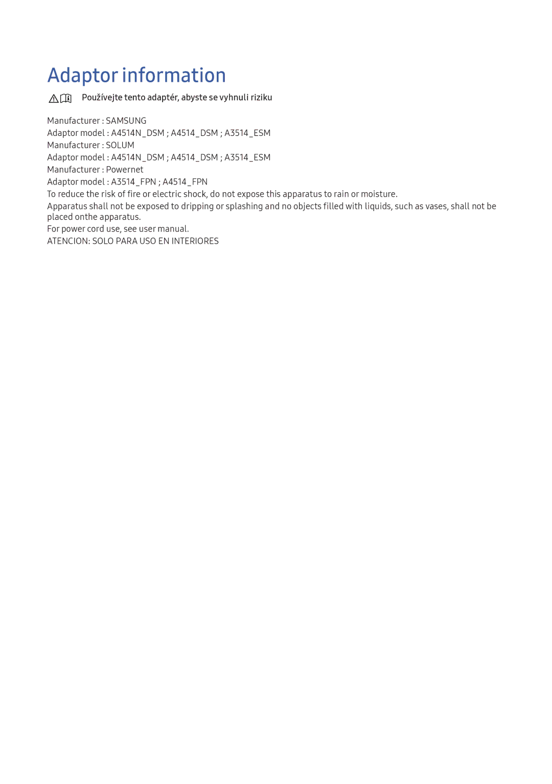 Samsung LT24D391EI/EN, LT22E390EI/EN manual Adaptor information, Používejte tento adaptér, abyste se vyhnuli riziku 