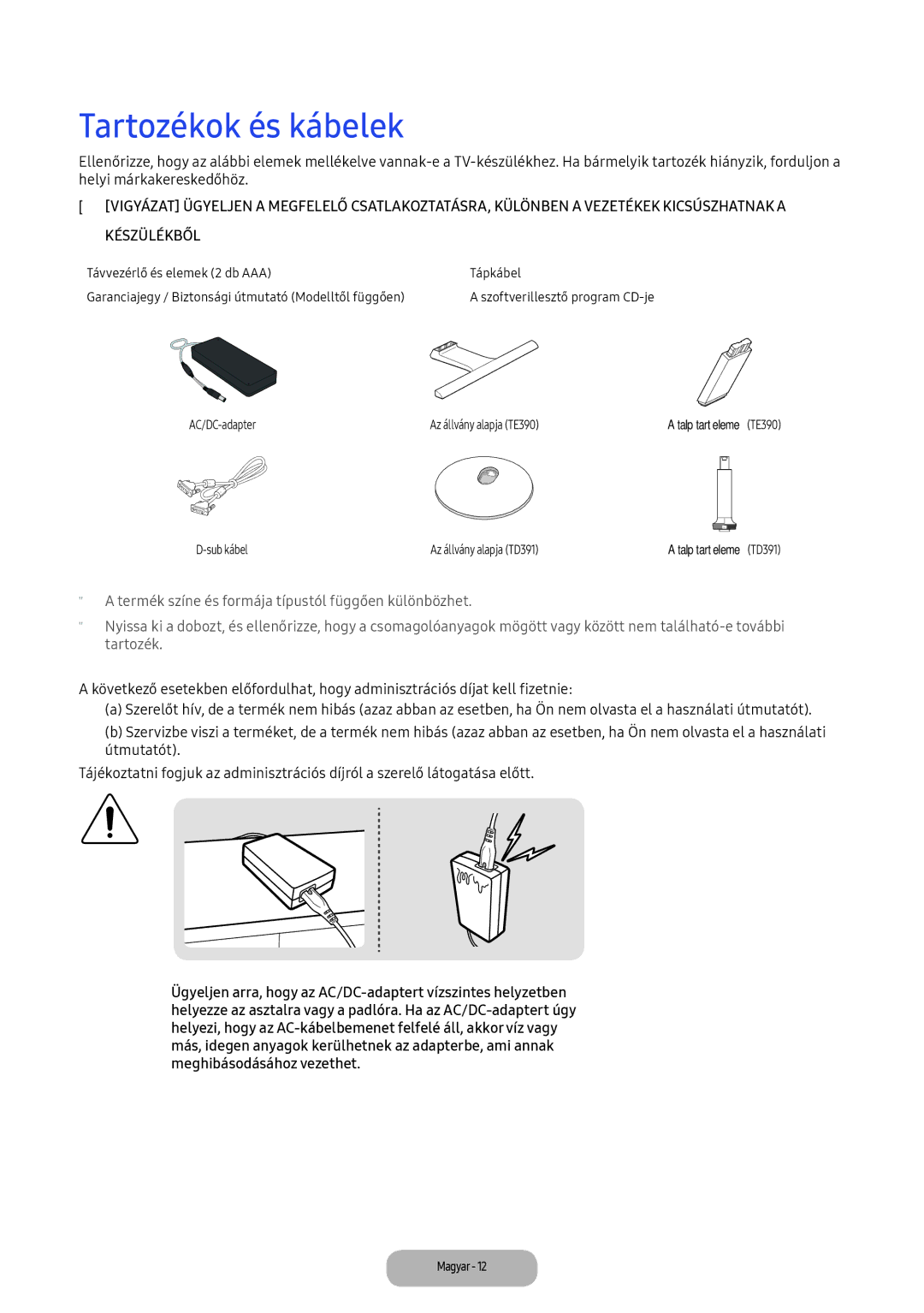 Samsung LT24D391EI/EN, LT22E390EI/EN manual Tartozékok és kábelek 