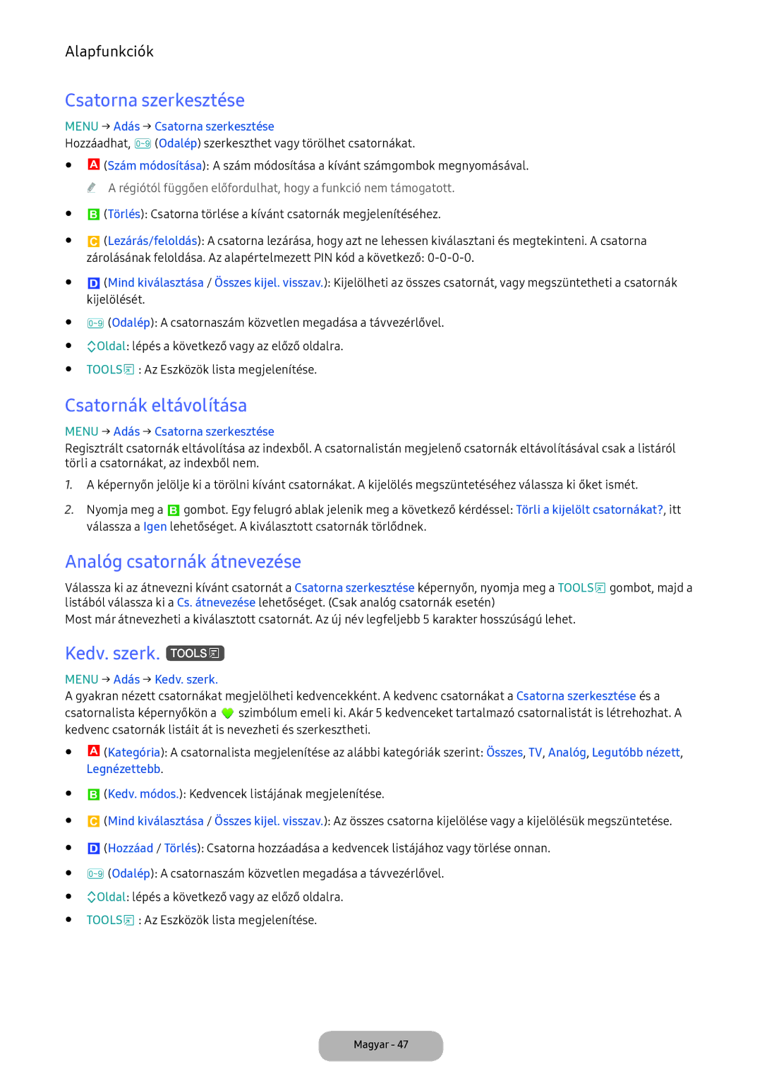 Samsung LT22E390EI/EN manual Csatorna szerkesztése, Csatornák eltávolítása, Analóg csatornák átnevezése, Kedv. szerk. t 