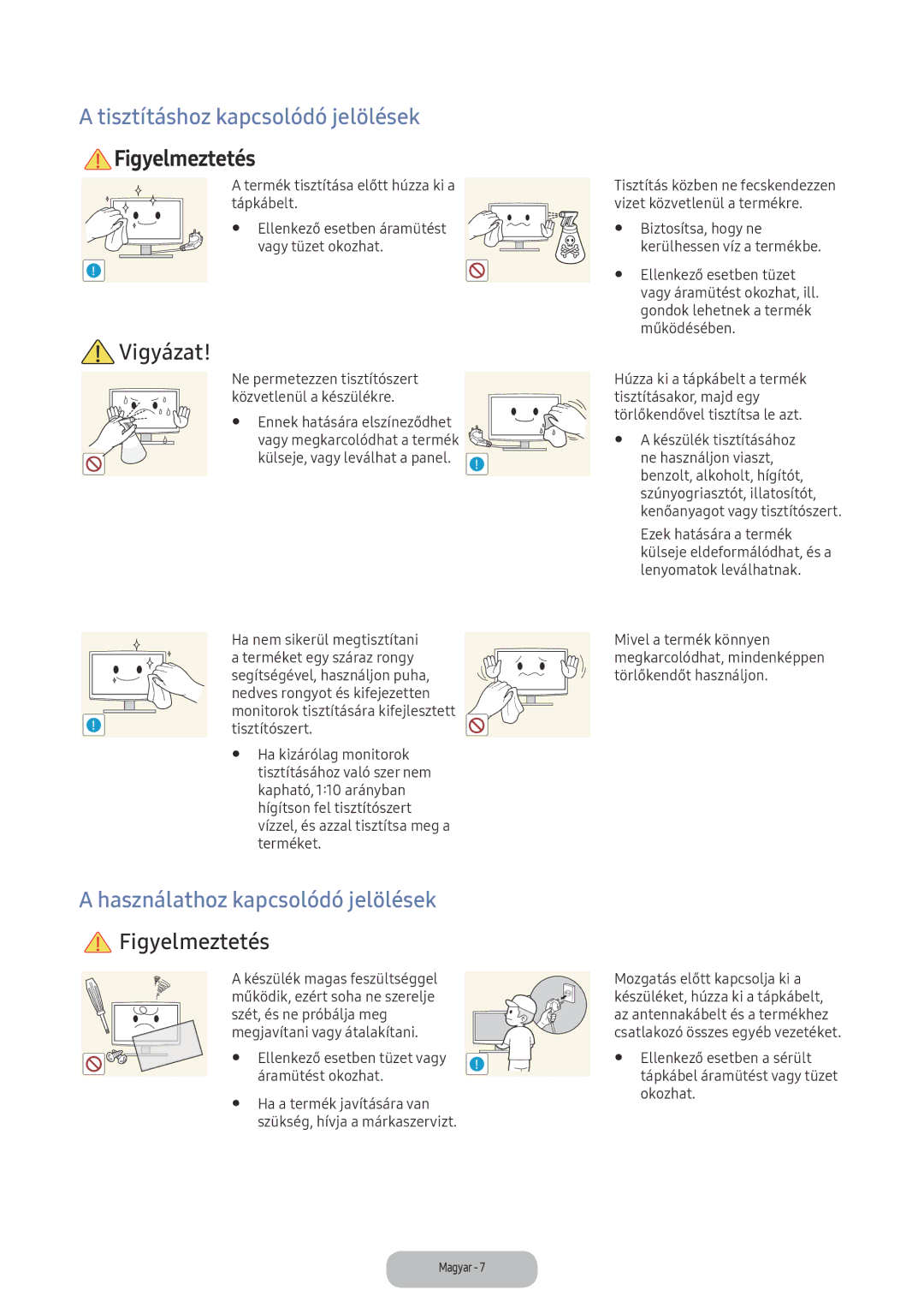 Samsung LT22E390EI/EN, LT24D391EI/EN Tisztításhoz kapcsolódó jelölések, Használathoz kapcsolódó jelölések Figyelmeztetés 