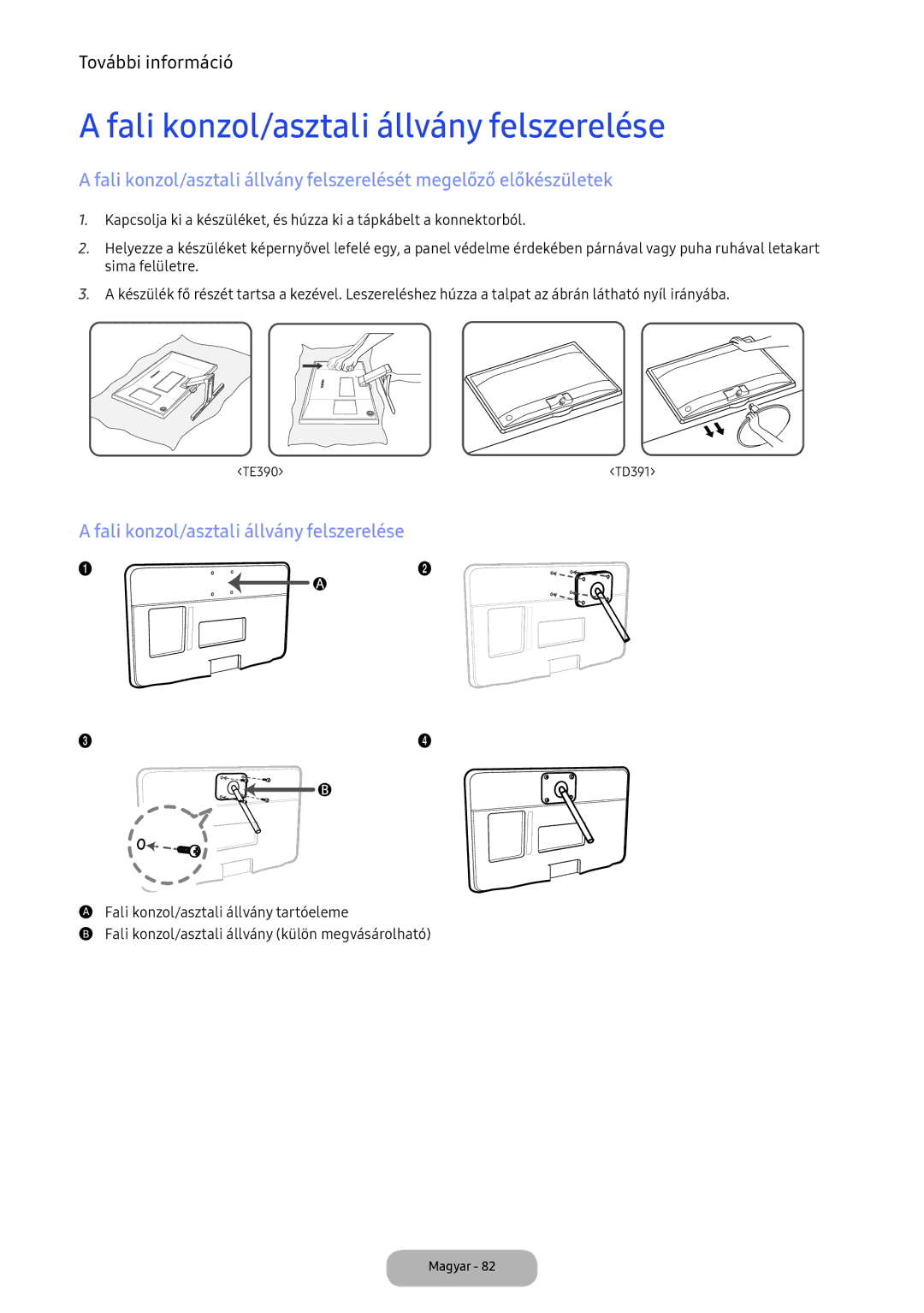 Samsung LT24D391EI/EN, LT22E390EI/EN manual Fali konzol/asztali állvány felszerelése 