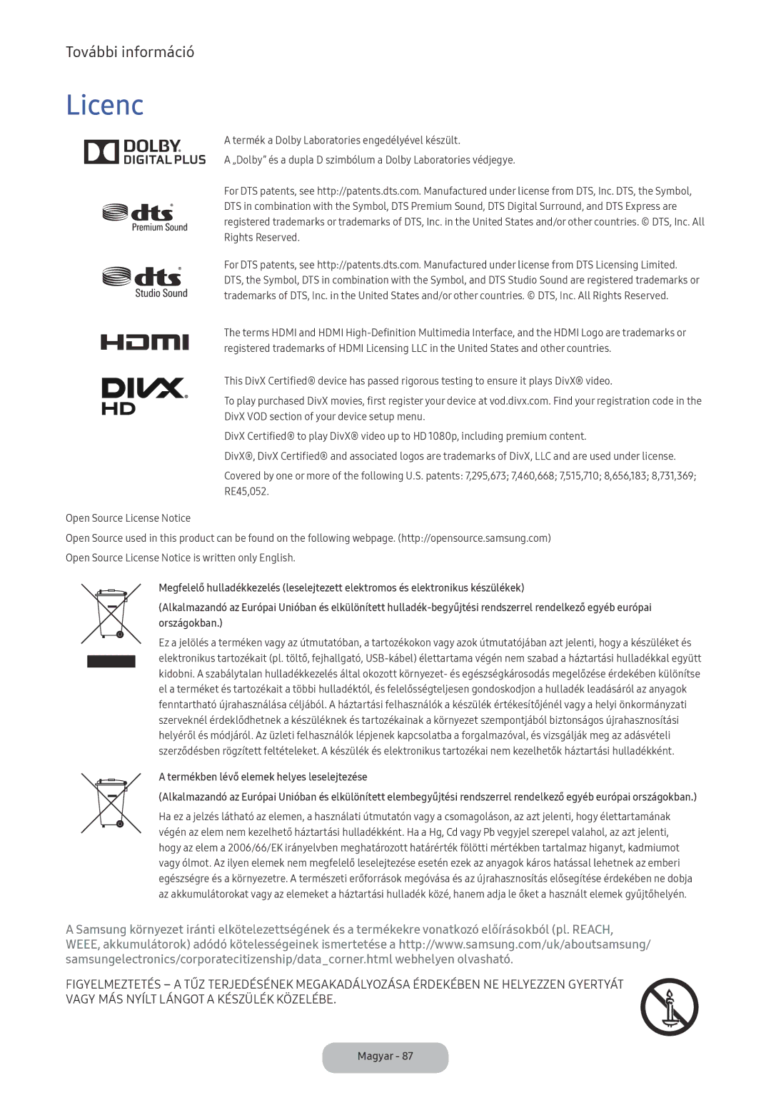 Samsung LT22E390EI/EN, LT24D391EI/EN manual Licenc, Termékben lévő elemek helyes leselejtezése 