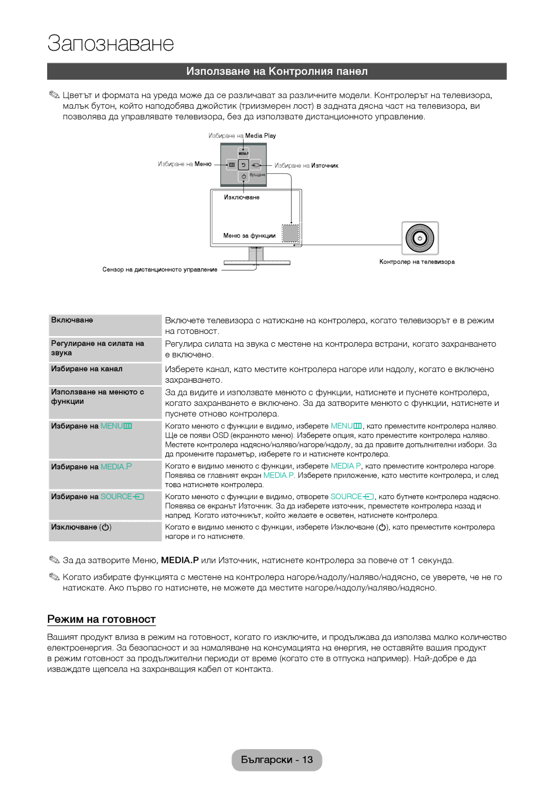 Samsung LT24D590EW/EN, LT24D391EW/EN, LT22D390EW/EN, LT24D390EW/EN manual Използване на Контролния панел, Режим на готовност 