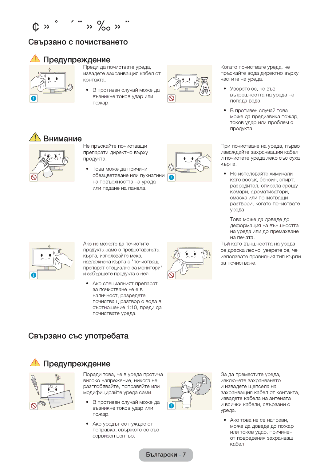 Samsung LT24D390EW/EN, LT24D391EW/EN manual Свързано с почистването Предупреждение, Свързано със употребата Предупреждение 