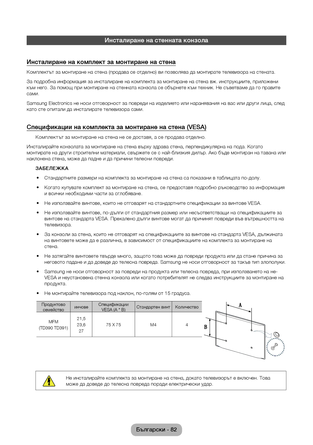 Samsung LT22D390EW/EN, LT24D391EW/EN manual Инсталиране на стенната конзола, Инсталиране на комплект за монтиране на стена 