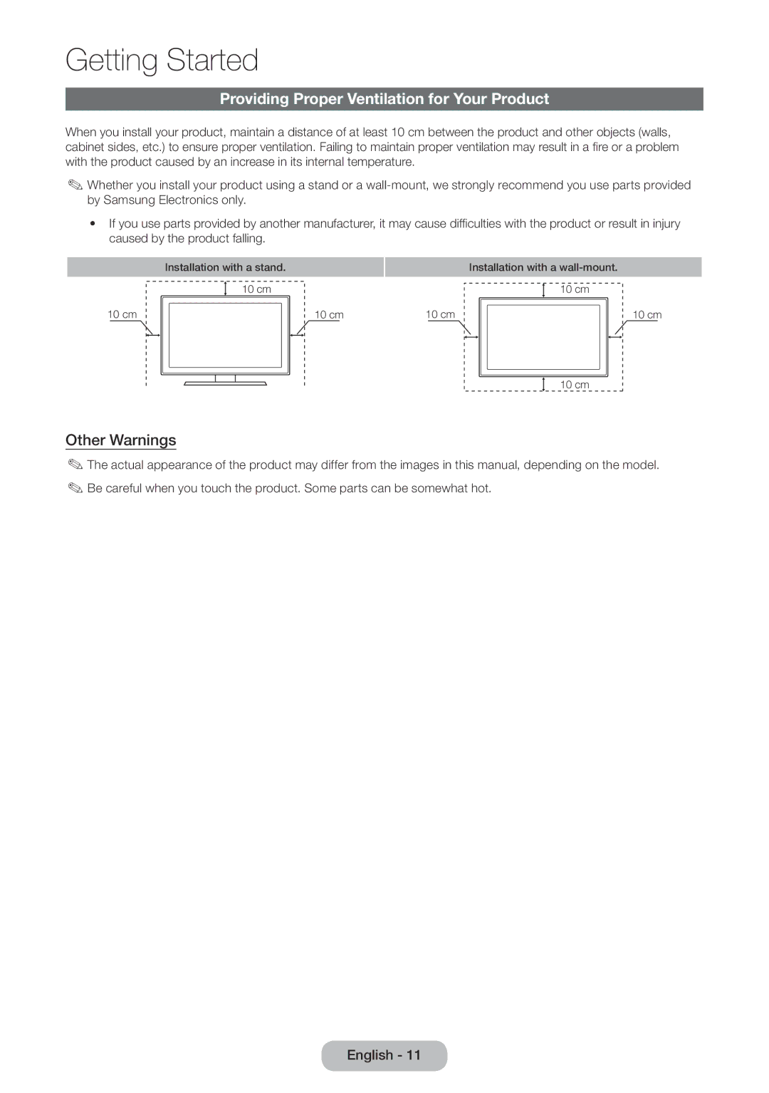 Samsung LT24D590EX/RU, LT24D391EX/RU, LT27D390EX/RU manual Providing Proper Ventilation for Your Product, Other Warnings 