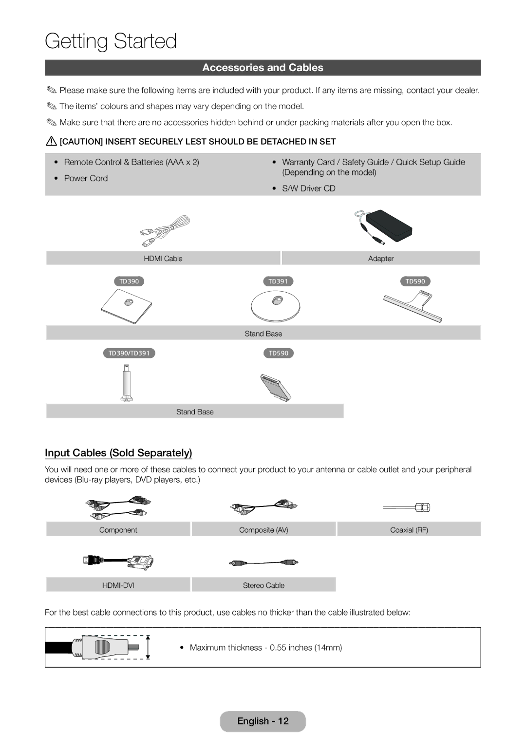 Samsung LT27D390EX/RU, LT24D391EX/RU, LT24D590EX/RU, LT27D590EX/RU manual Accessories and Cables, Input Cables Sold Separately 