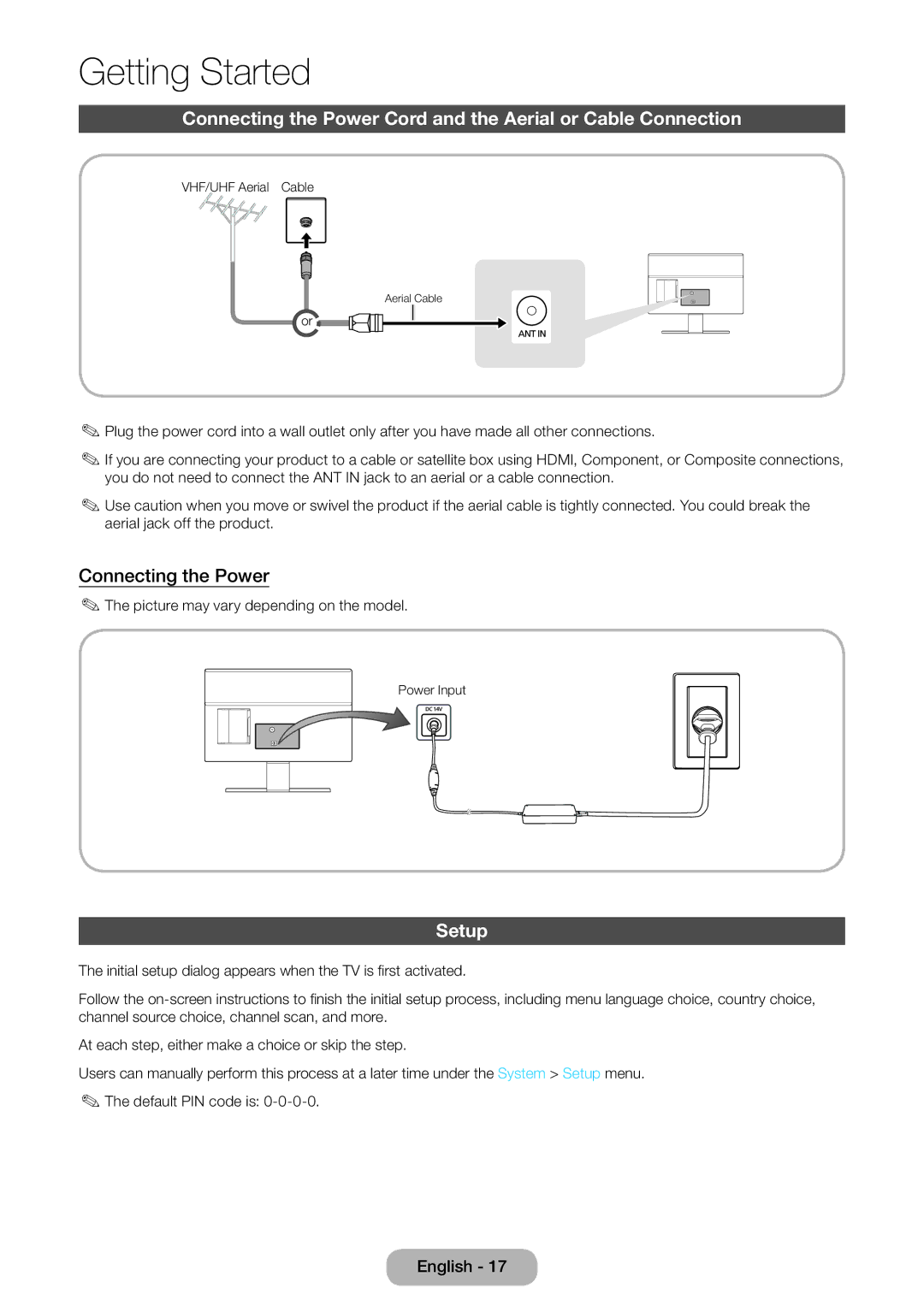 Samsung LT27D390EX/RU, LT24D391EX/RU, LT24D590EX/RU, LT27D590EX/RU, LT24D390EX/RU manual Connecting the Power, Setup 