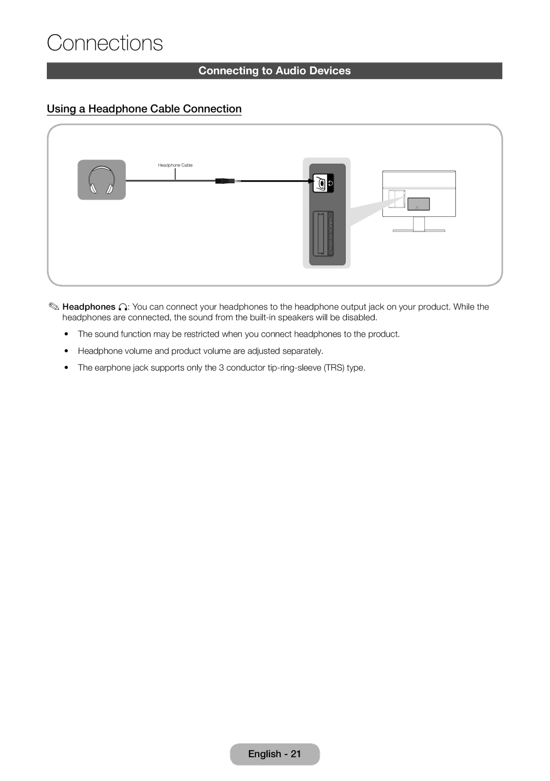 Samsung LT24D590EX/RU, LT24D391EX/RU, LT27D390EX/RU manual Connecting to Audio Devices, Using a Headphone Cable Connection 