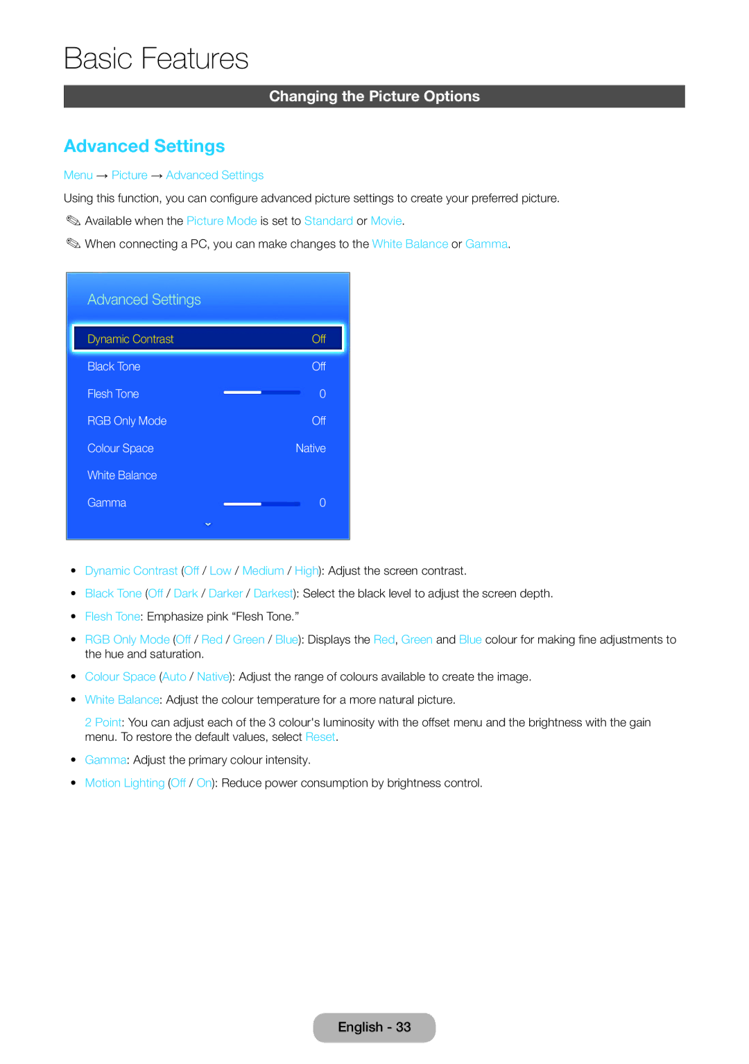 Samsung LT27D590EX/RU, LT24D391EX/RU, LT24D590EX/RU Changing the Picture Options, Menu → Picture → Advanced Settings 