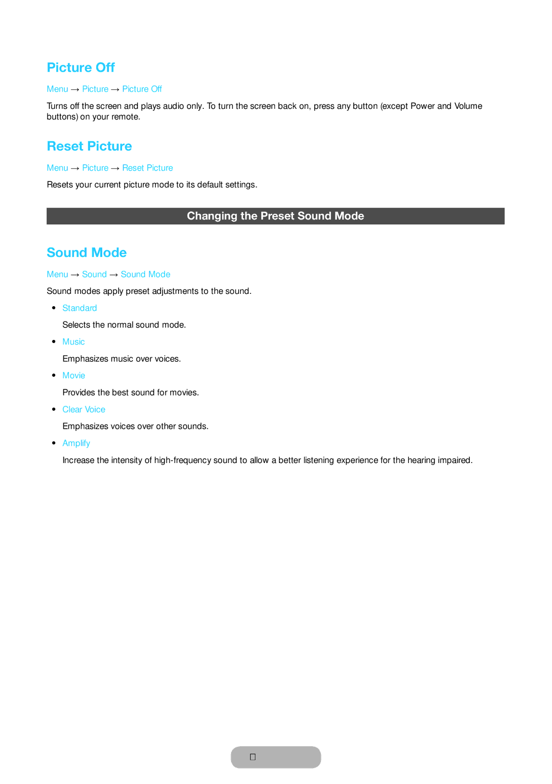 Samsung LT24D391EX/RU, LT24D590EX/RU, LT27D390EX/RU manual Picture Off, Reset Picture, Changing the Preset Sound Mode 