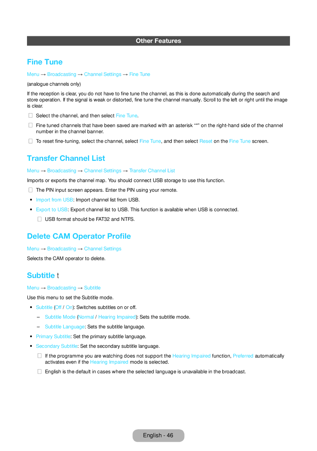 Samsung LT24D590EX/RU manual Fine Tune, Transfer Channel List, Delete CAM Operator Profile, Subtitle t, Other Features 