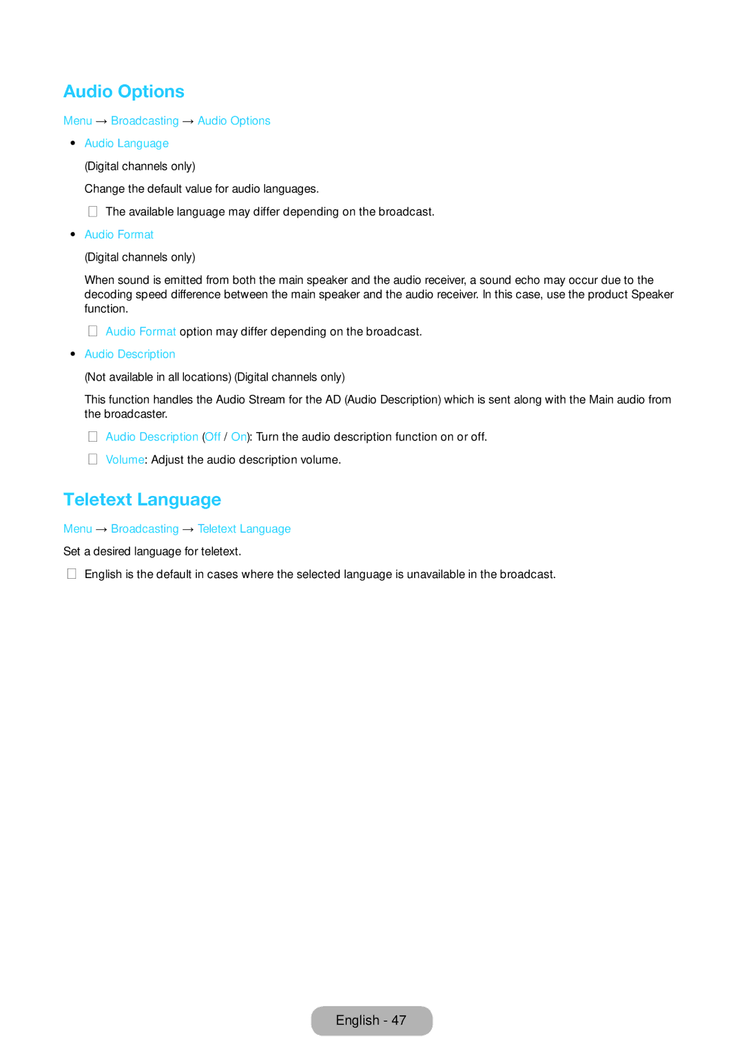 Samsung LT27D390EX/RU manual Teletext Language, Menu → Broadcasting → Audio Options, Audio Format Digital channels only 