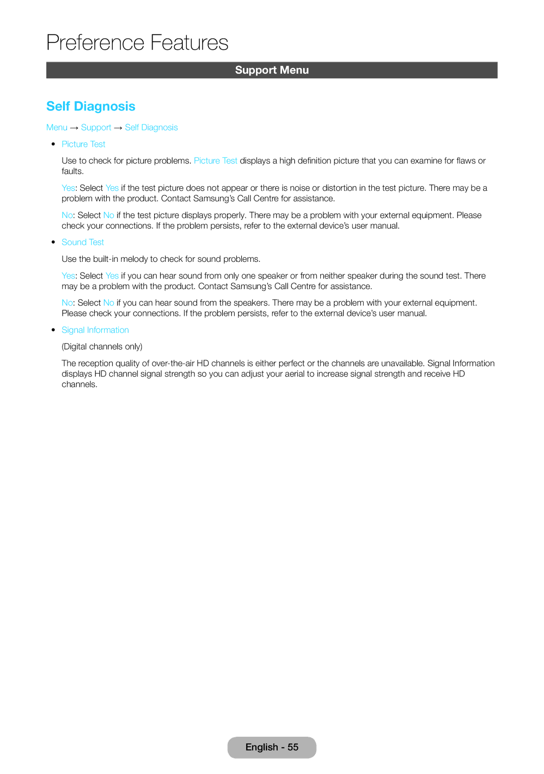 Samsung LT24D391EX/RU, LT24D590EX/RU manual Support Menu, Menu → Support → Self Diagnosis Picture Test, Sound Test 