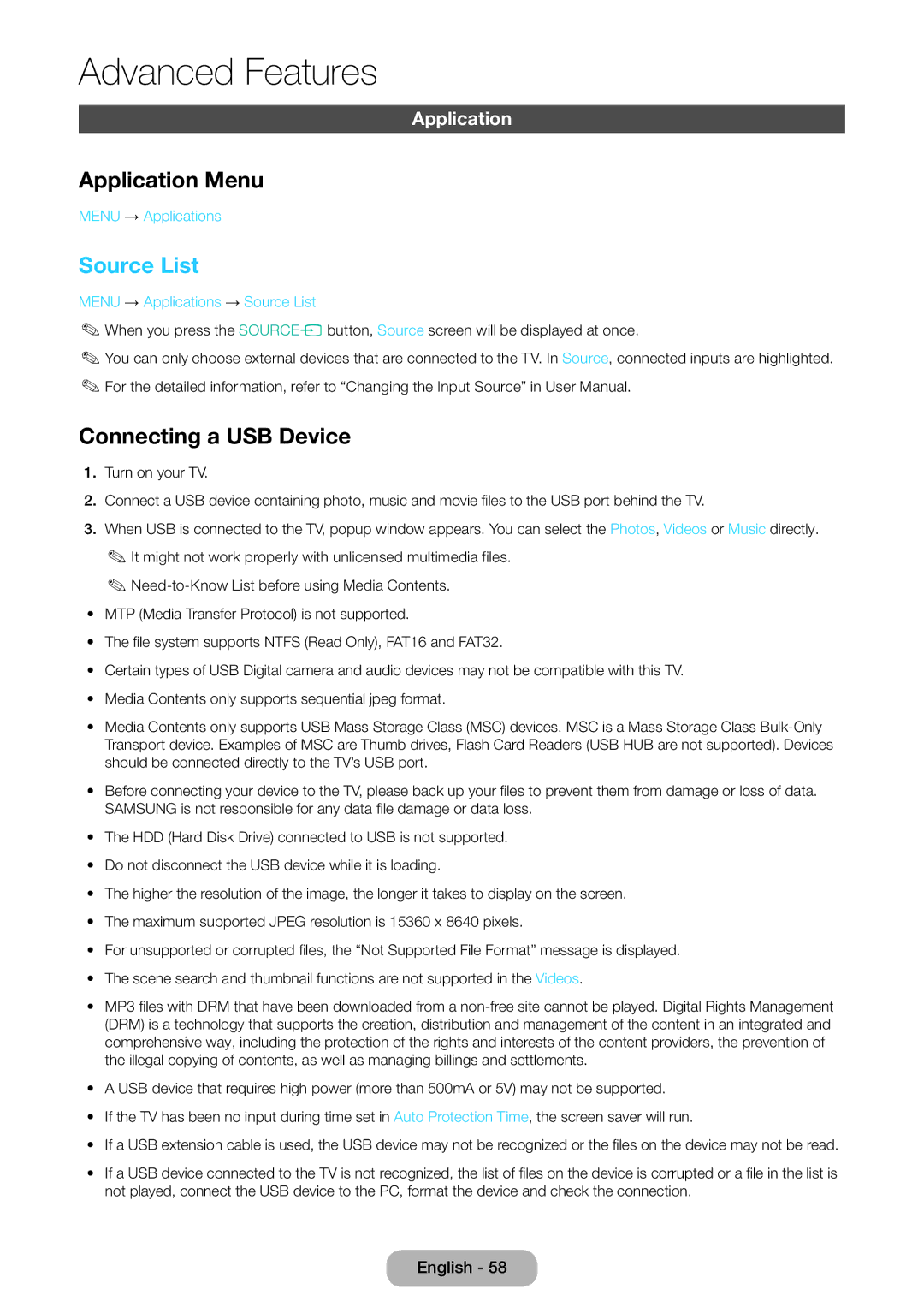 Samsung LT27D590EX/RU, LT24D391EX/RU, LT24D590EX/RU, LT27D390EX/RU Application Menu, Source List, Connecting a USB Device 