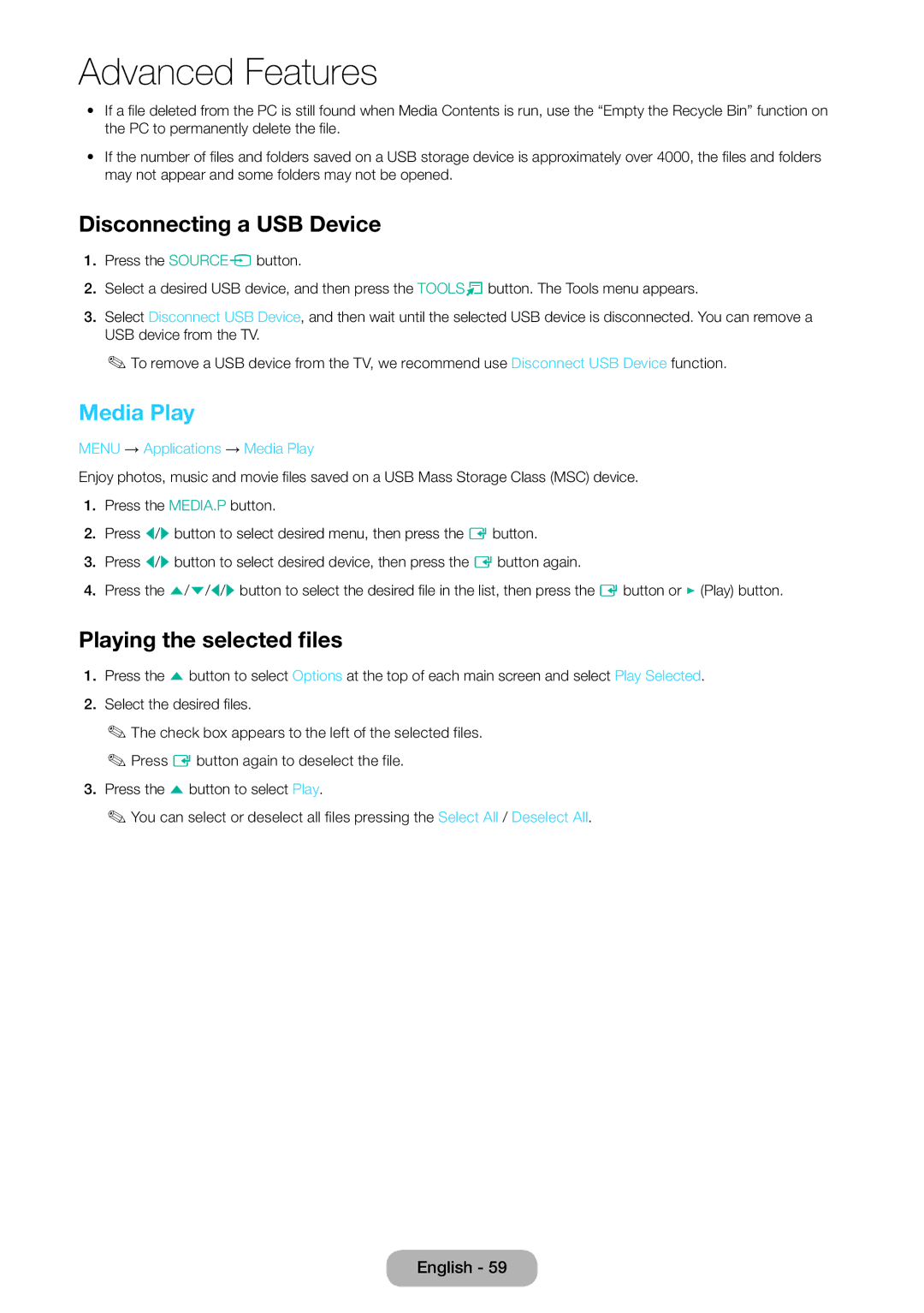 Samsung LT24D390EX/RU manual Disconnecting a USB Device, Playing the selected files, Menu → Applications → Media Play 