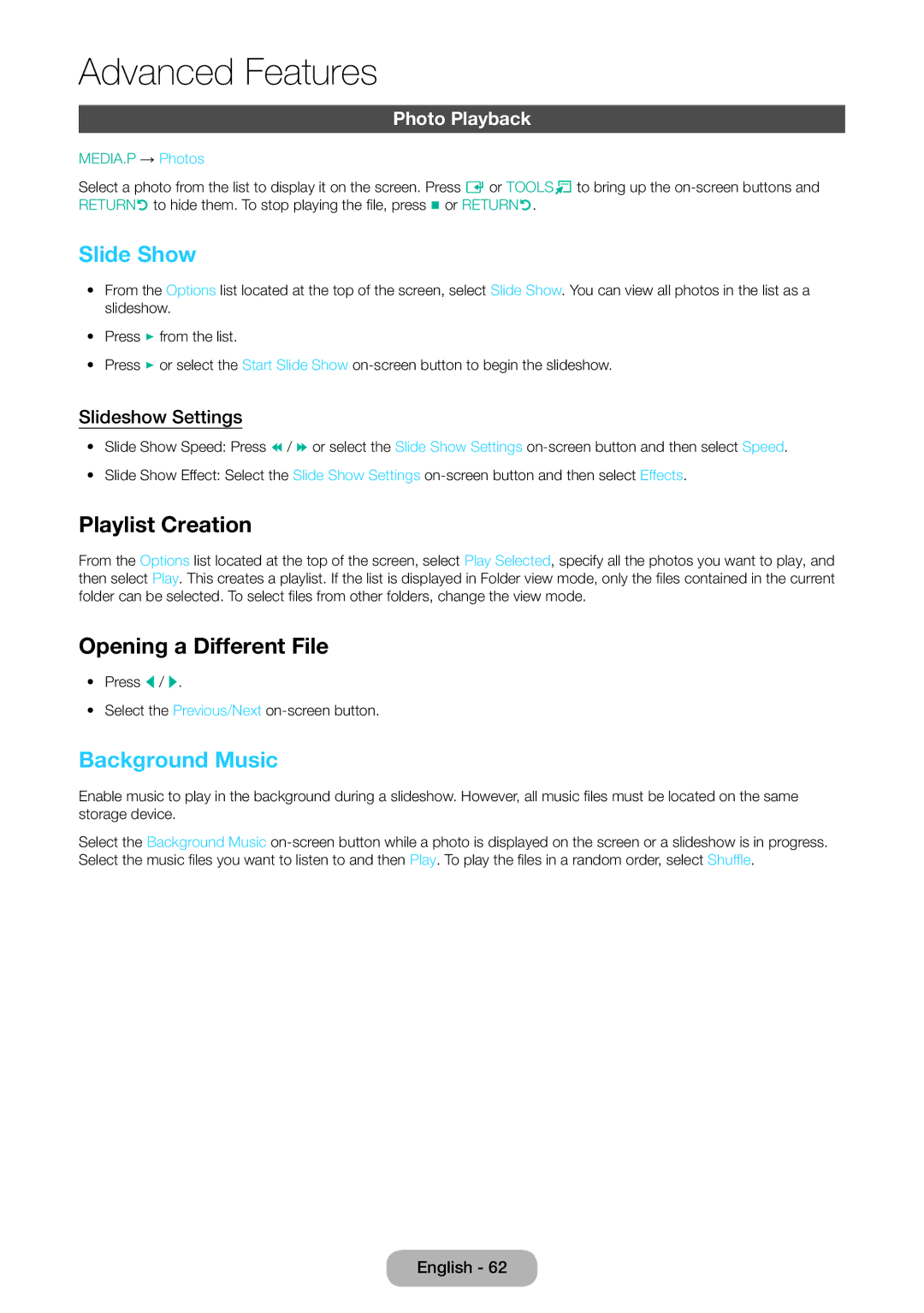 Samsung LT27D390EX/RU manual Slide Show, Playlist Creation, Opening a Different File, Background Music, Photo Playback 
