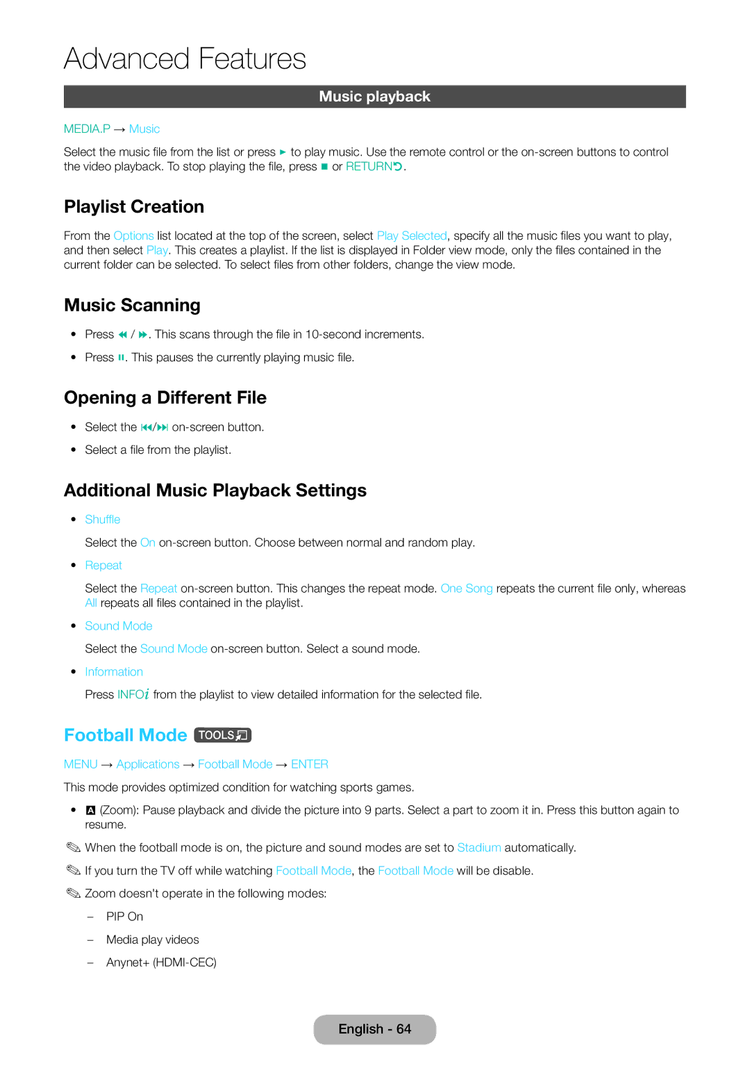 Samsung LT24D390EX/RU, LT24D391EX/RU Music Scanning, Additional Music Playback Settings, Football Mode t, Music playback 