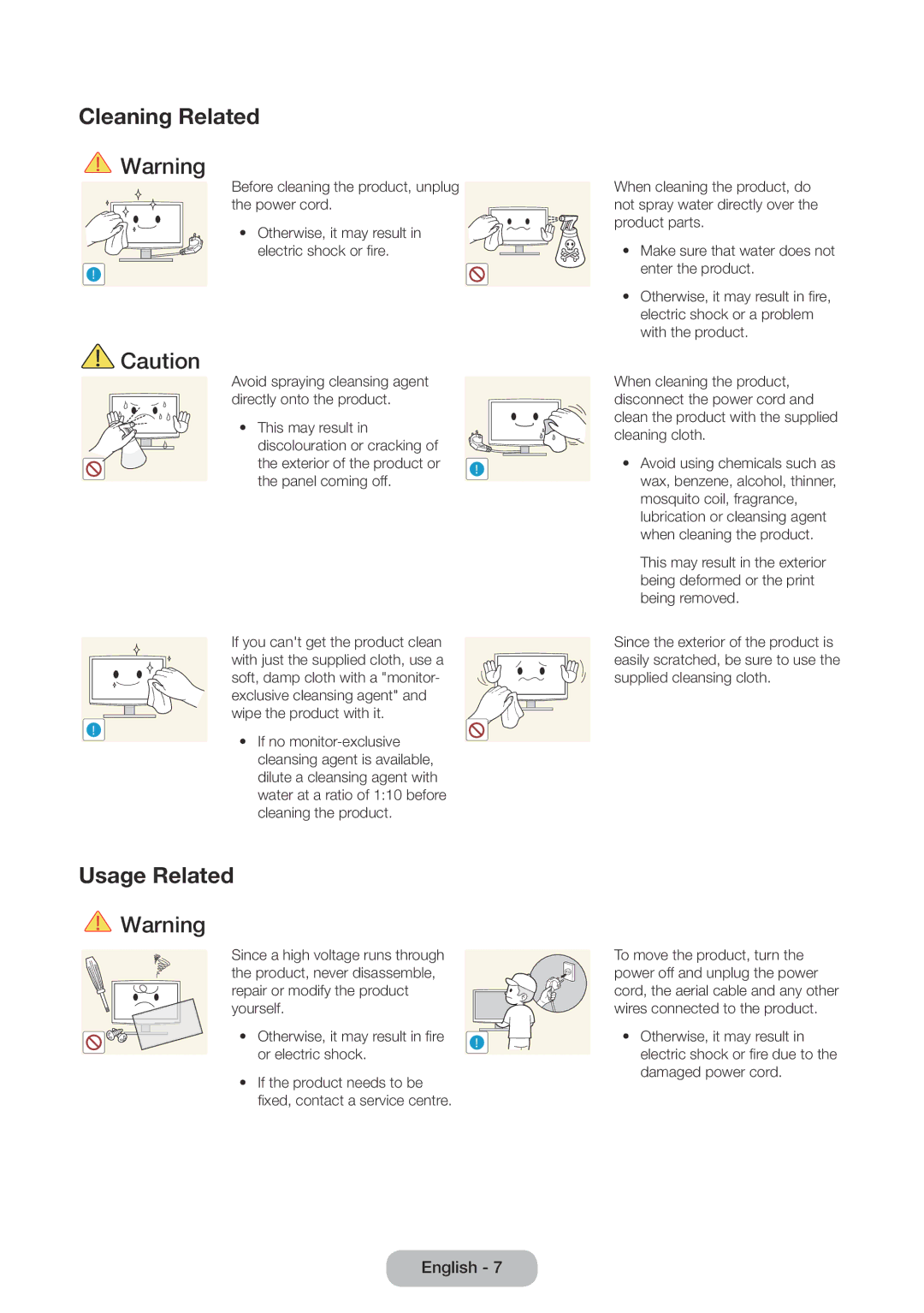 Samsung LT27D390EX/RU, LT24D391EX/RU, LT24D590EX/RU, LT27D590EX/RU, LT24D390EX/RU manual Cleaning Related, Usage Related 