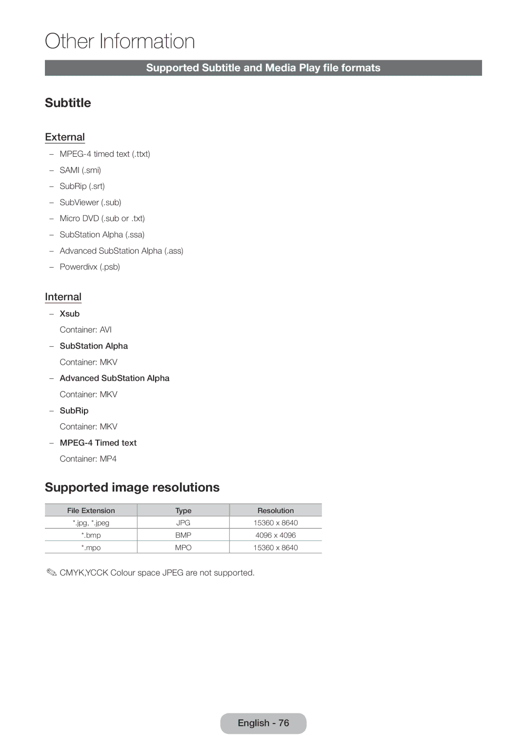 Samsung LT24D590EX/RU Supported image resolutions, Supported Subtitle and Media Play file formats, External, Internal 