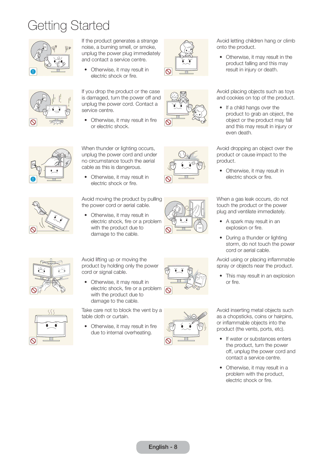 Samsung LT27D590EX/RU, LT24D391EX/RU, LT24D590EX/RU, LT27D390EX/RU, LT24D390EX/RU manual Electric shock or fire 