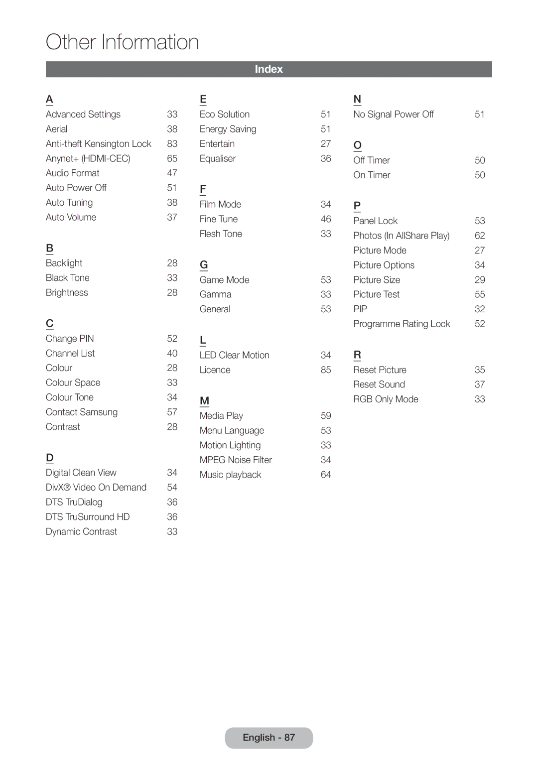 Samsung LT27D390EX/RU, LT24D391EX/RU, LT24D590EX/RU, LT27D590EX/RU, LT24D390EX/RU manual Index, Pip 