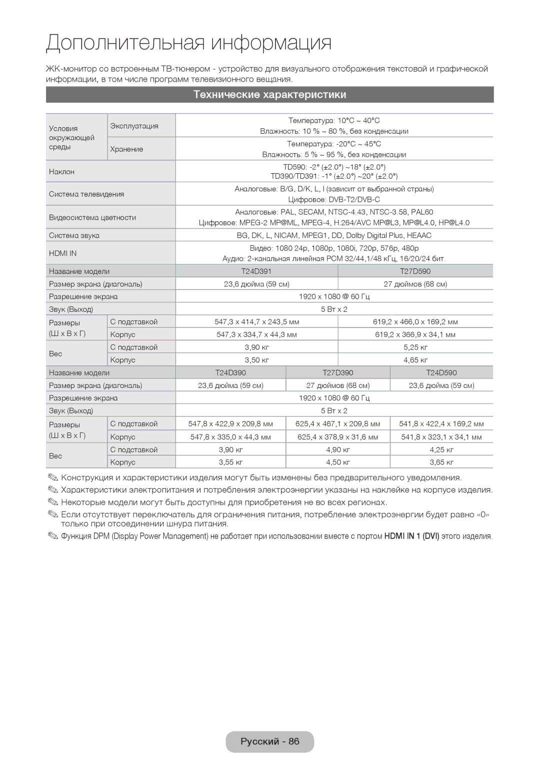 Samsung LT24D590EX/RU, LT24D391EX/RU, LT27D390EX/RU, LT27D590EX/RU manual Технические характеристики, Видеосистема цветности 