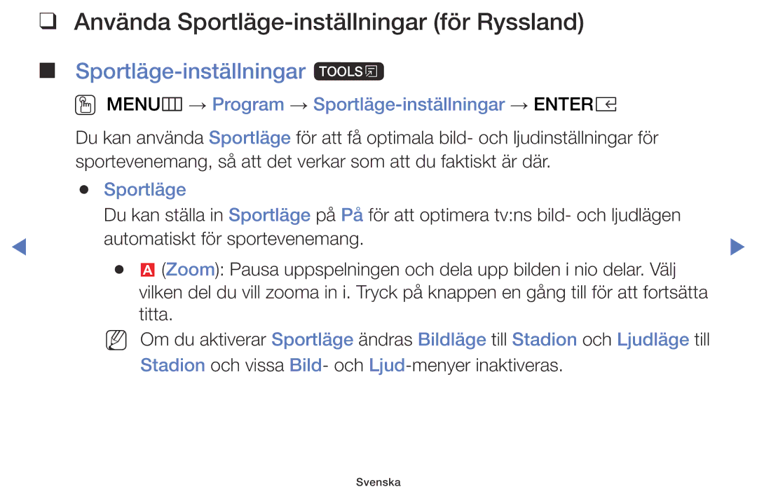 Samsung LT32E310EXQ/XE, LT24E310EXQ/XE manual Använda Sportläge-inställningar för Ryssland, Sportläge-inställningar t 