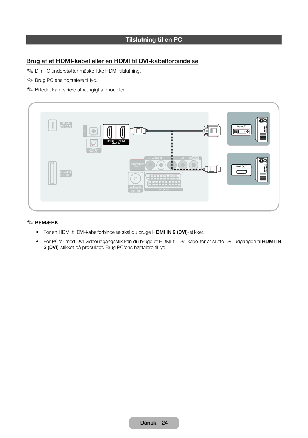 Samsung LT24E310EXQ/XE, LT32E310EXQ/XE Tilslutning til en PC, Brug af et HDMI-kabel eller en Hdmi til DVI-kabelforbindelse 