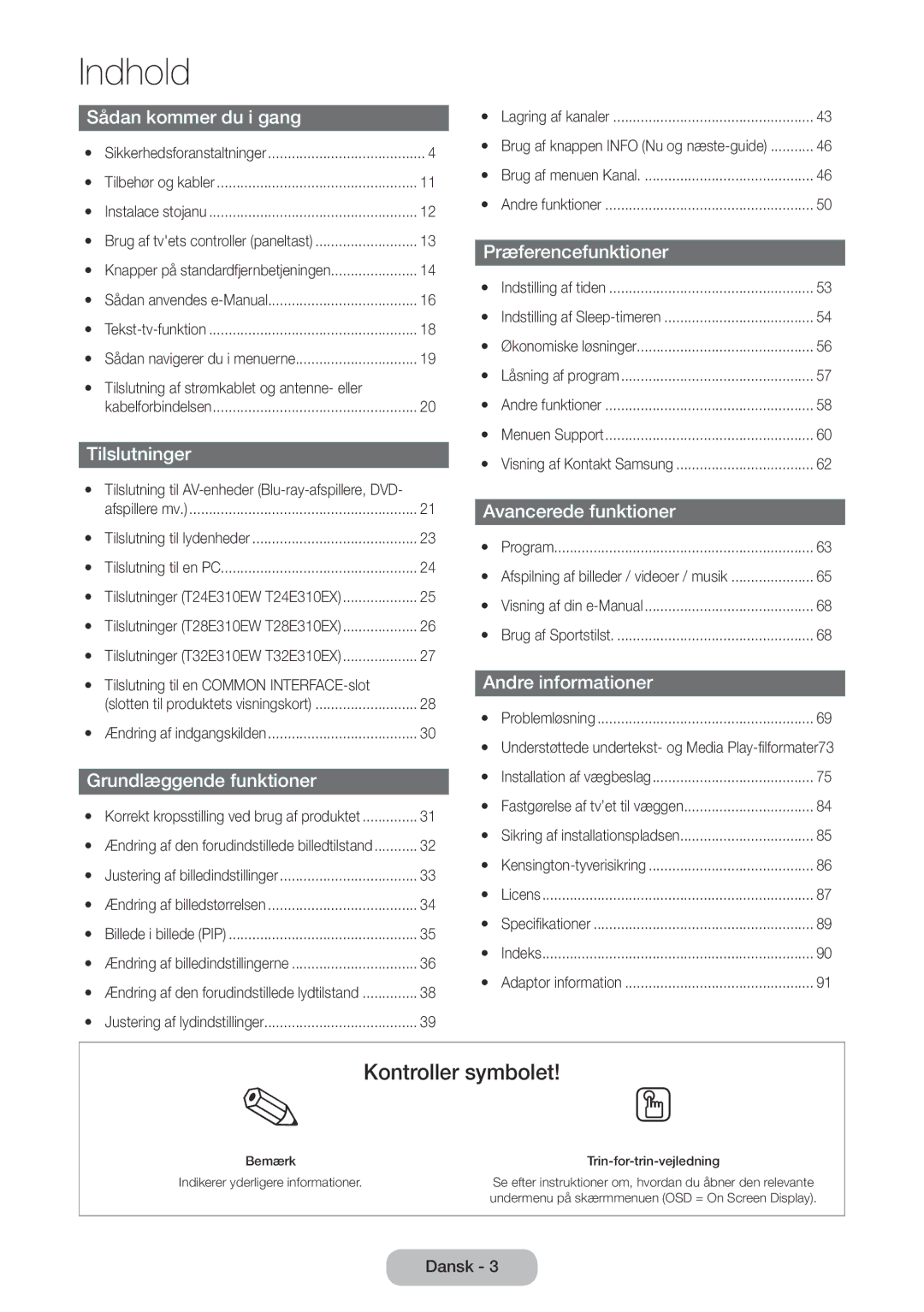 Samsung LT28E310EX/XE, LT24E310EXQ/XE, LT32E310EXQ/XE, LT24E310EX/XE, LT32E310EX/XE, LT28E310EXQ/XE manual Indhold 